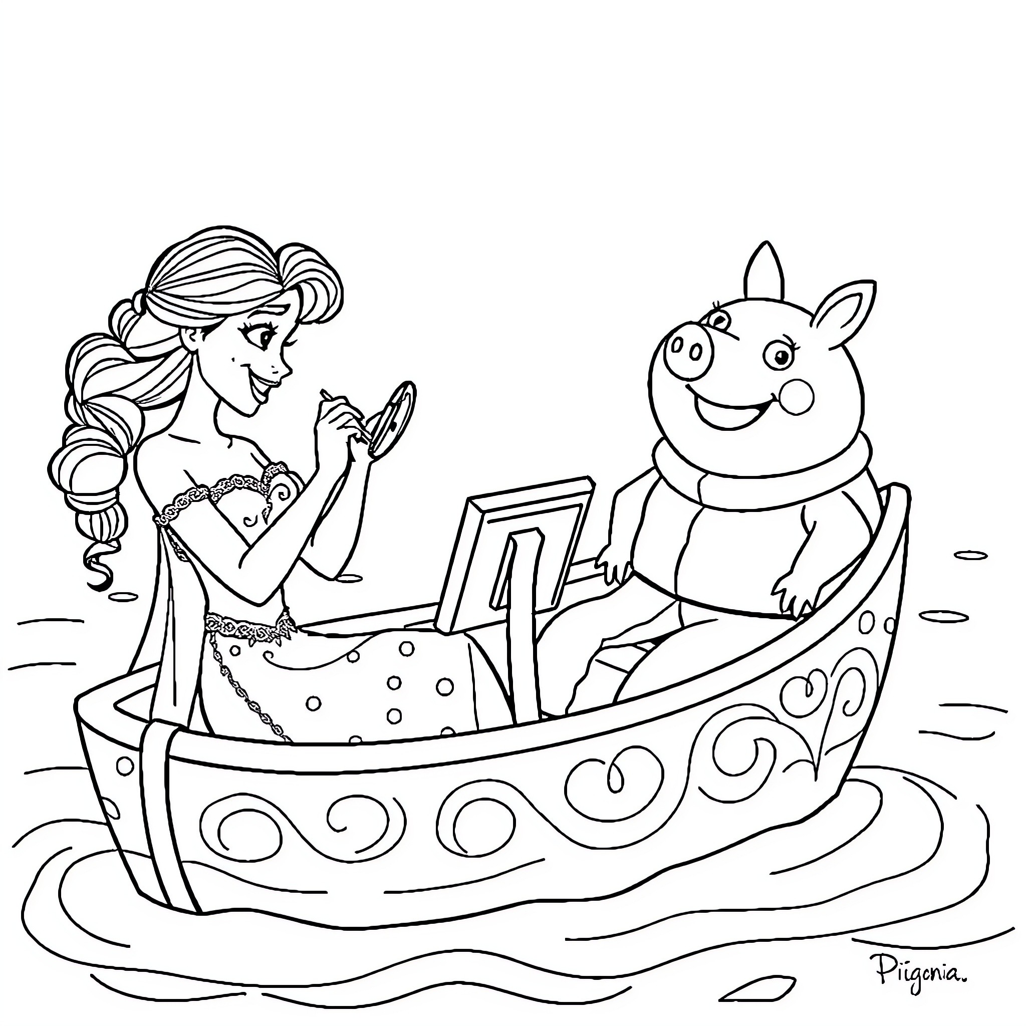 Vaiana exploring the ocean with a friendly animal companion Coloring Page (free black-and-white line drawing printable PDF for all, from beginners to advanced learners, including children, teens, adults, and seniors)