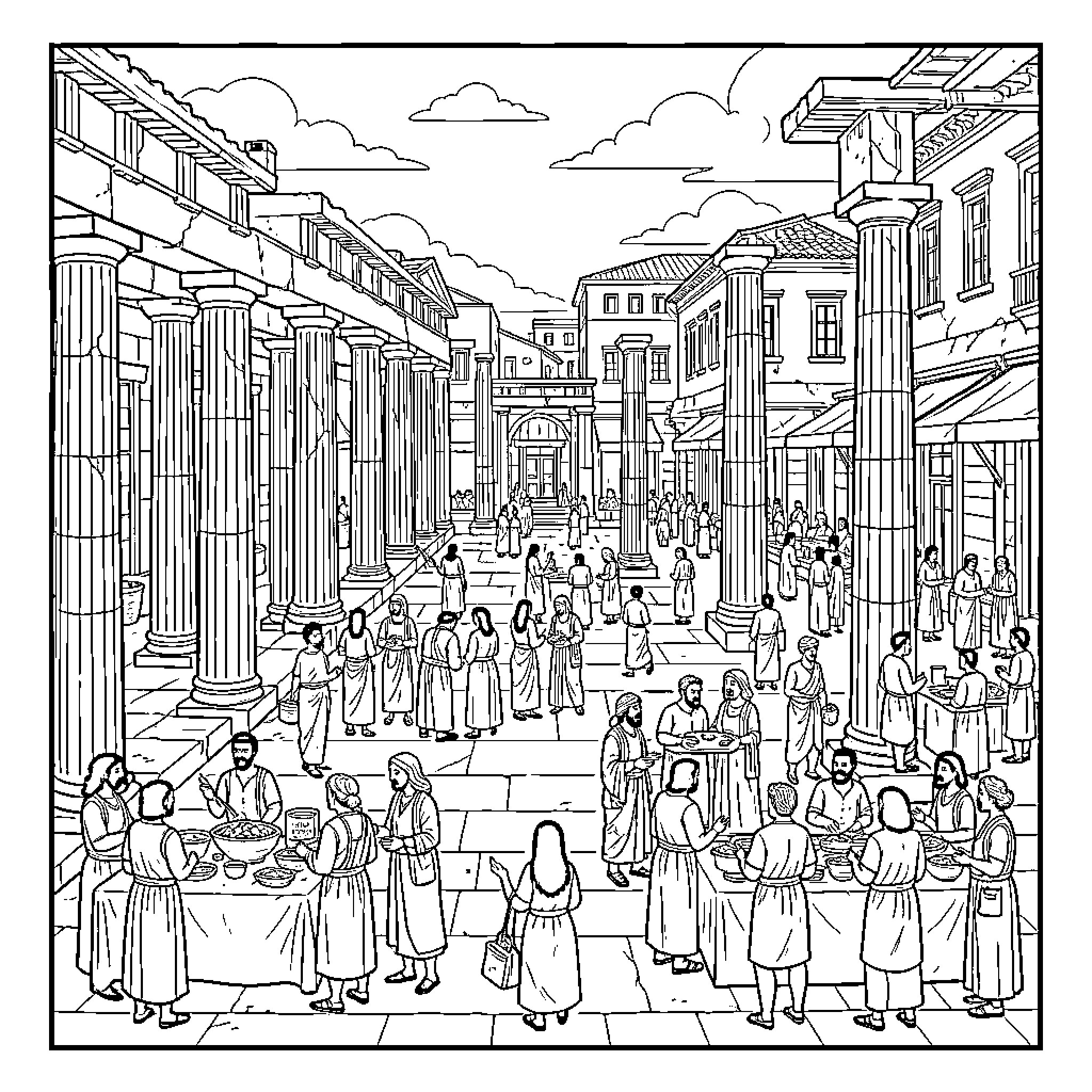 Agora featuring people walking and gathering near ancient columns Coloring Page (free black-and-white line drawing printable PDF for all, from beginners to advanced learners, including children, teens, adults, and seniors)