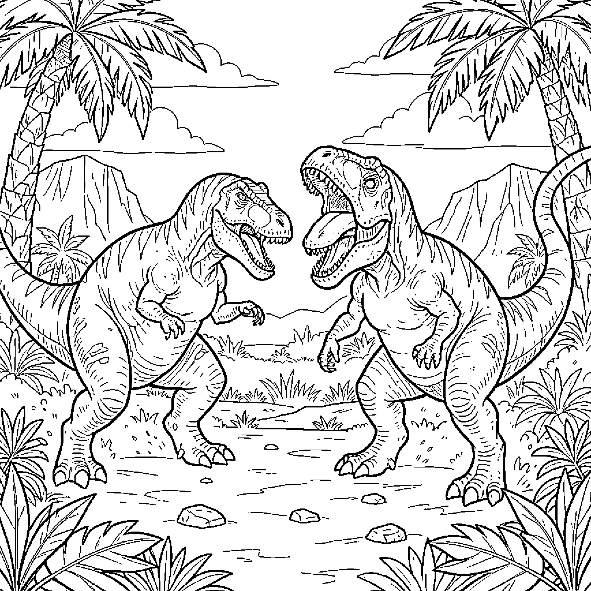 Dinosaurs engaged in a fierce battle in the jungle Coloring Page (free black-and-white line drawing printable PDF for all, from beginners to advanced learners, including children, teens, adults, and seniors)