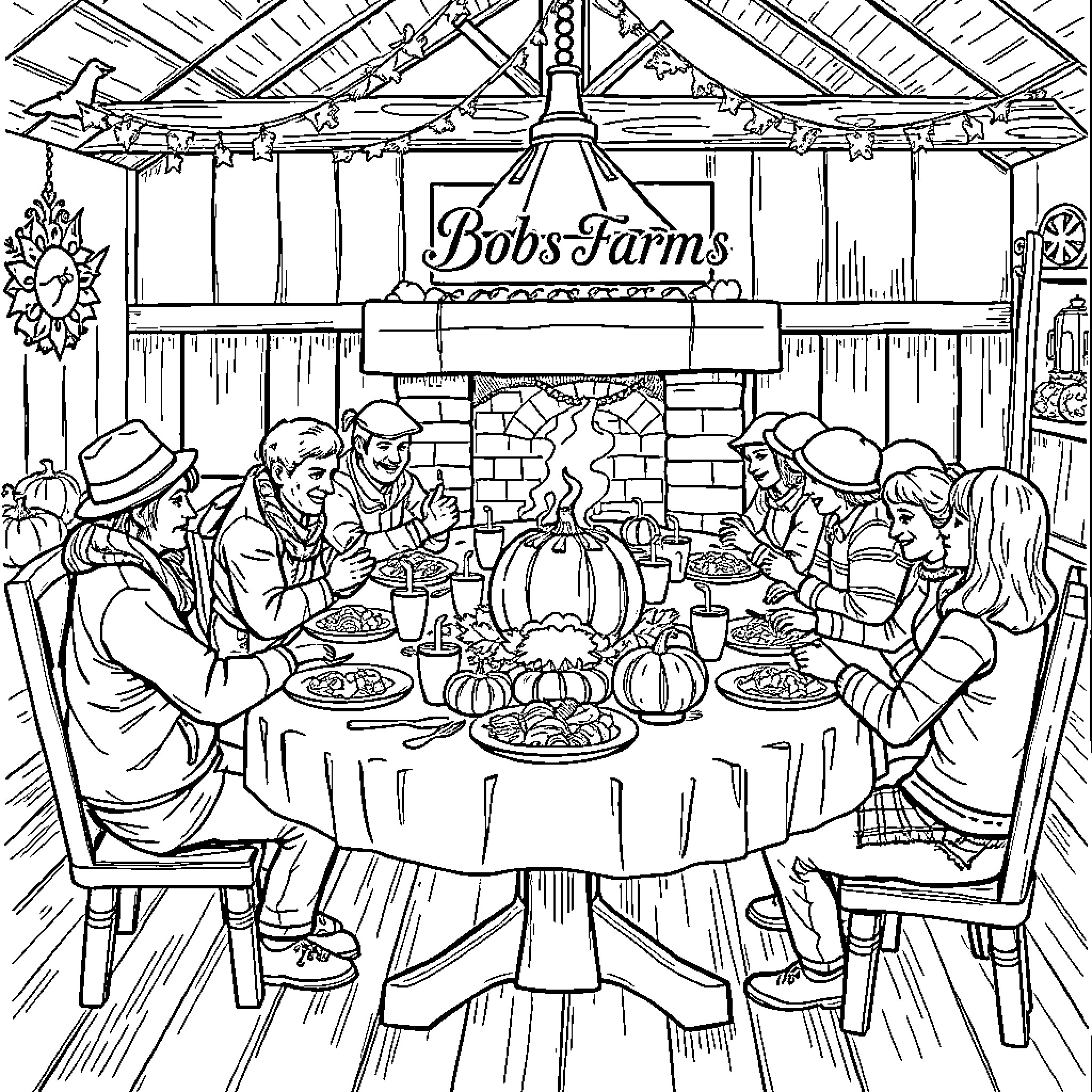 Thanksgiving Gathering at Bob's Farm Coloring Page (free black-and-white line drawing printable PDF for all, from beginners to advanced learners, including children, teens, adults, and seniors)