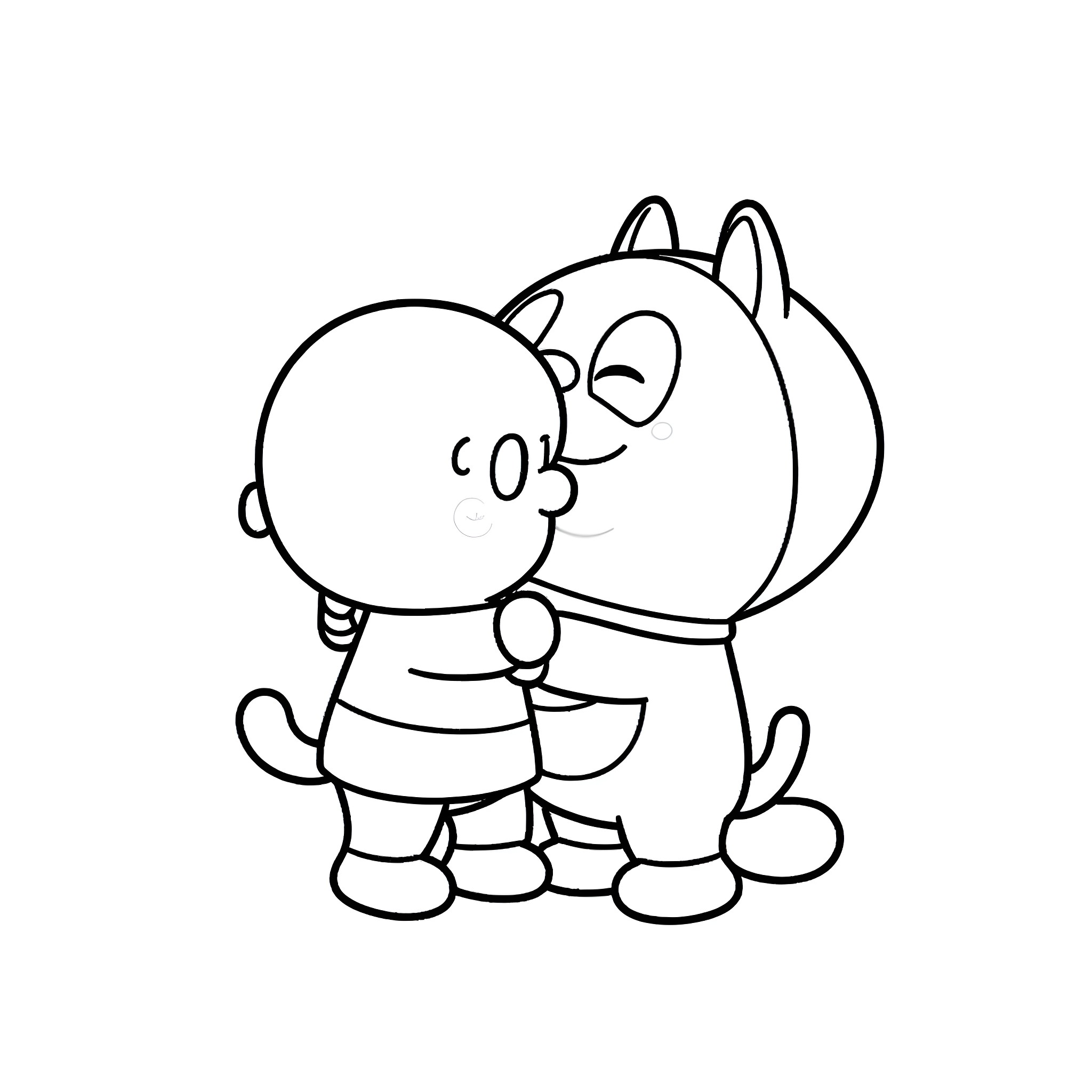 Shinchan and his pet playing cheerfully Coloring Page (free black-and-white line drawing printable PDF for all, from beginners to advanced learners, including children, teens, adults, and seniors)