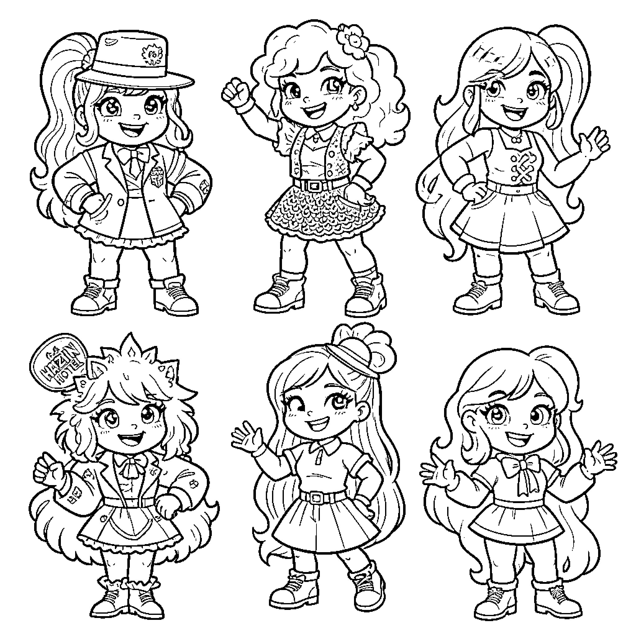 Hazbin Hotel characters in various poses and costumes Coloring Page (free black-and-white line drawing printable PDF for all, from beginners to advanced learners, including children, teens, adults, and seniors)
