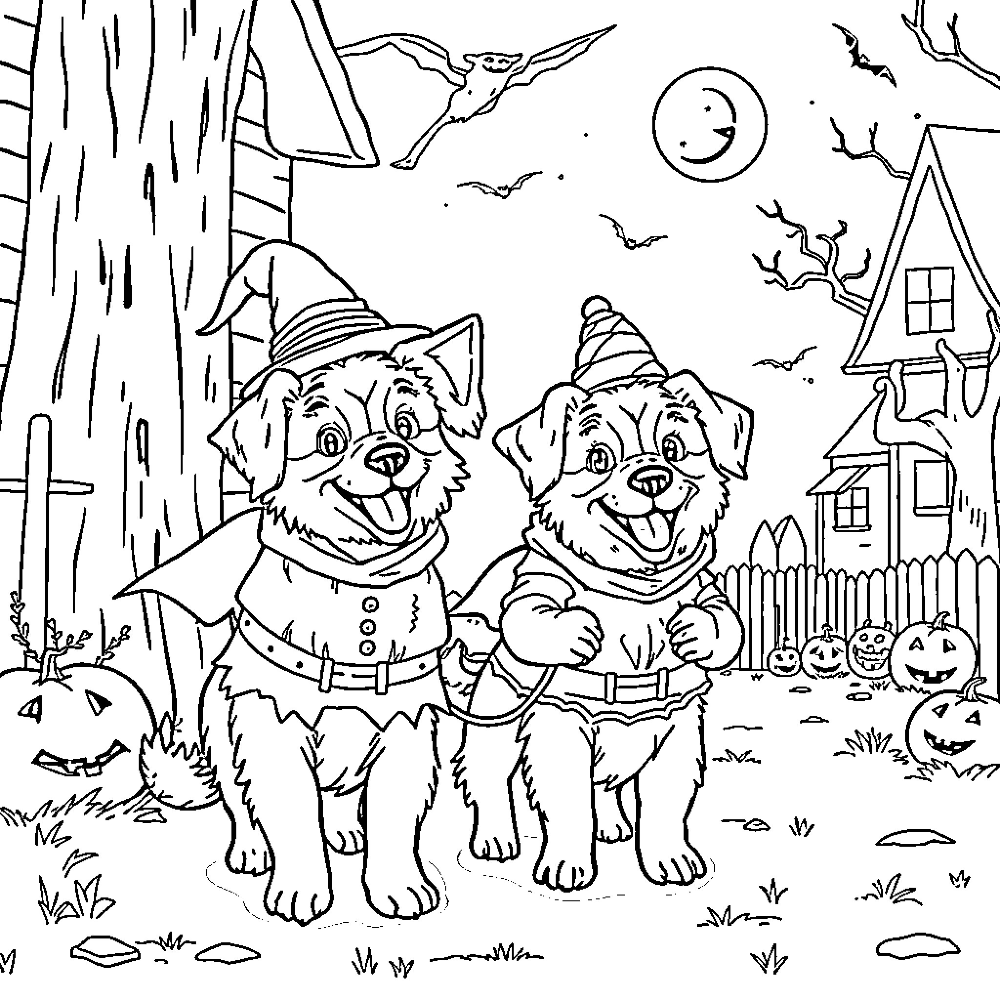 Dogs dressed up for Halloween in a spooky scene Coloring Page (free black-and-white line drawing printable PDF for all, from beginners to advanced learners, including children, teens, adults, and seniors)