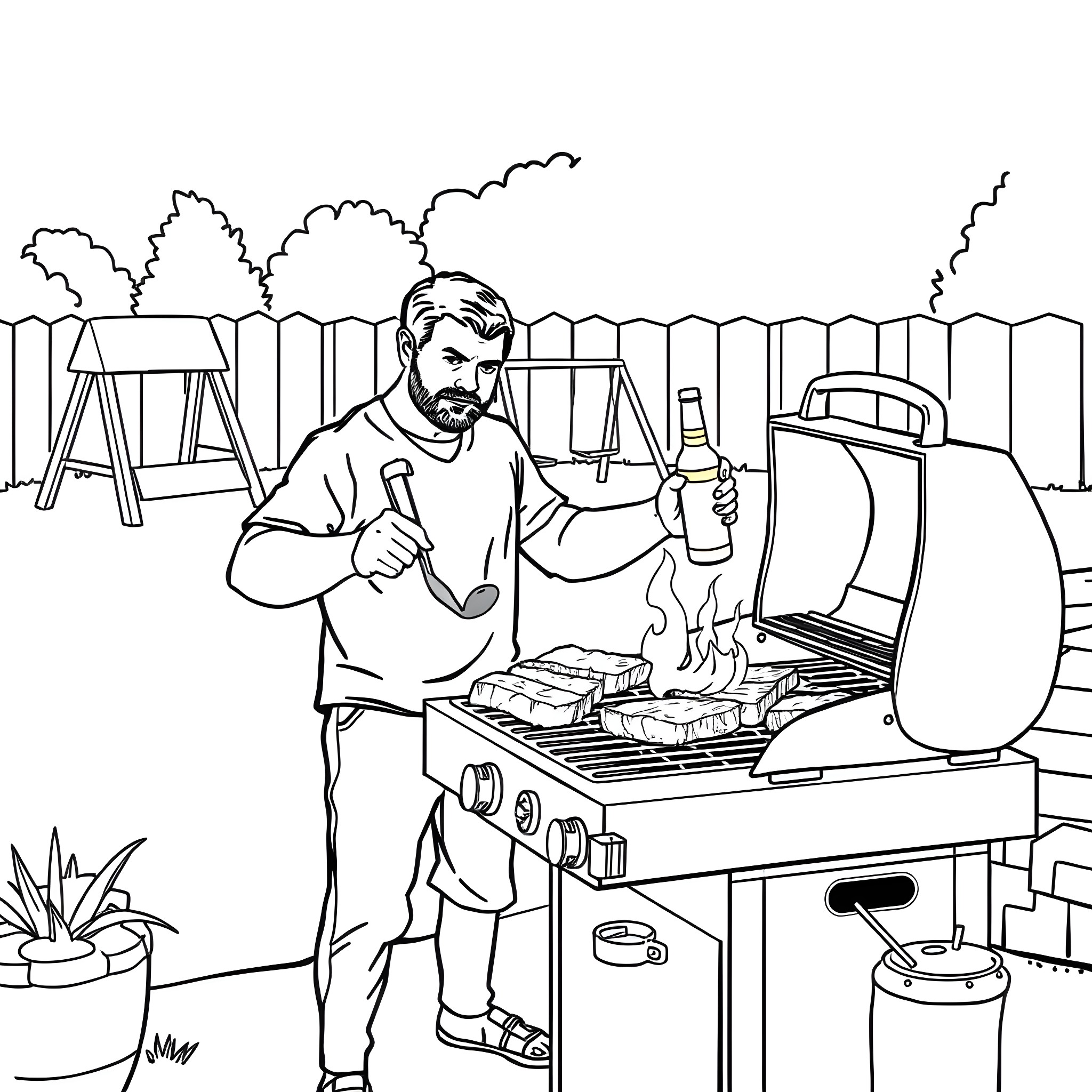 Dad cooking on the outdoor grill in the backyard Coloring Page (free black-and-white line drawing printable PDF for all, from beginners to advanced learners, including children, teens, adults, and seniors)