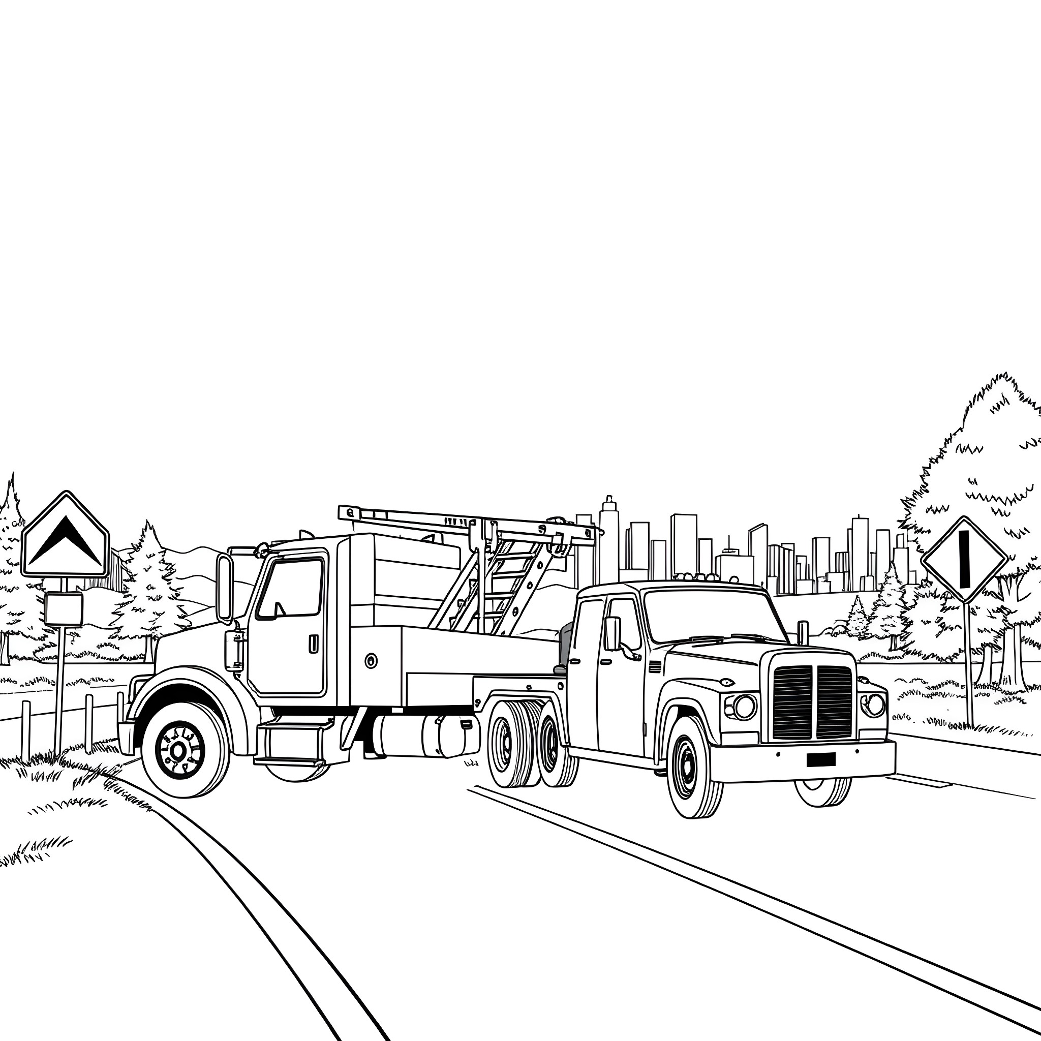 Tow Truck Assisting on the Road Coloring Page (free black-and-white line drawing printable PDF for all, from beginners to advanced learners, including children, teens, adults, and seniors)