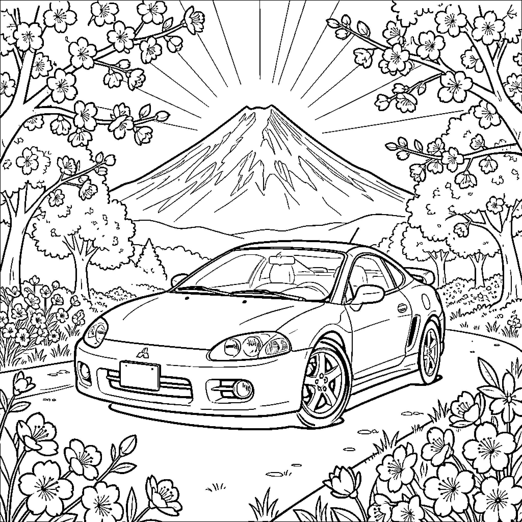 Mitsubishi car parked amidst blooming cherry blossom trees Coloring Page (free black-and-white line drawing printable PDF for all, from beginners to advanced learners, including children, teens, adults, and seniors)