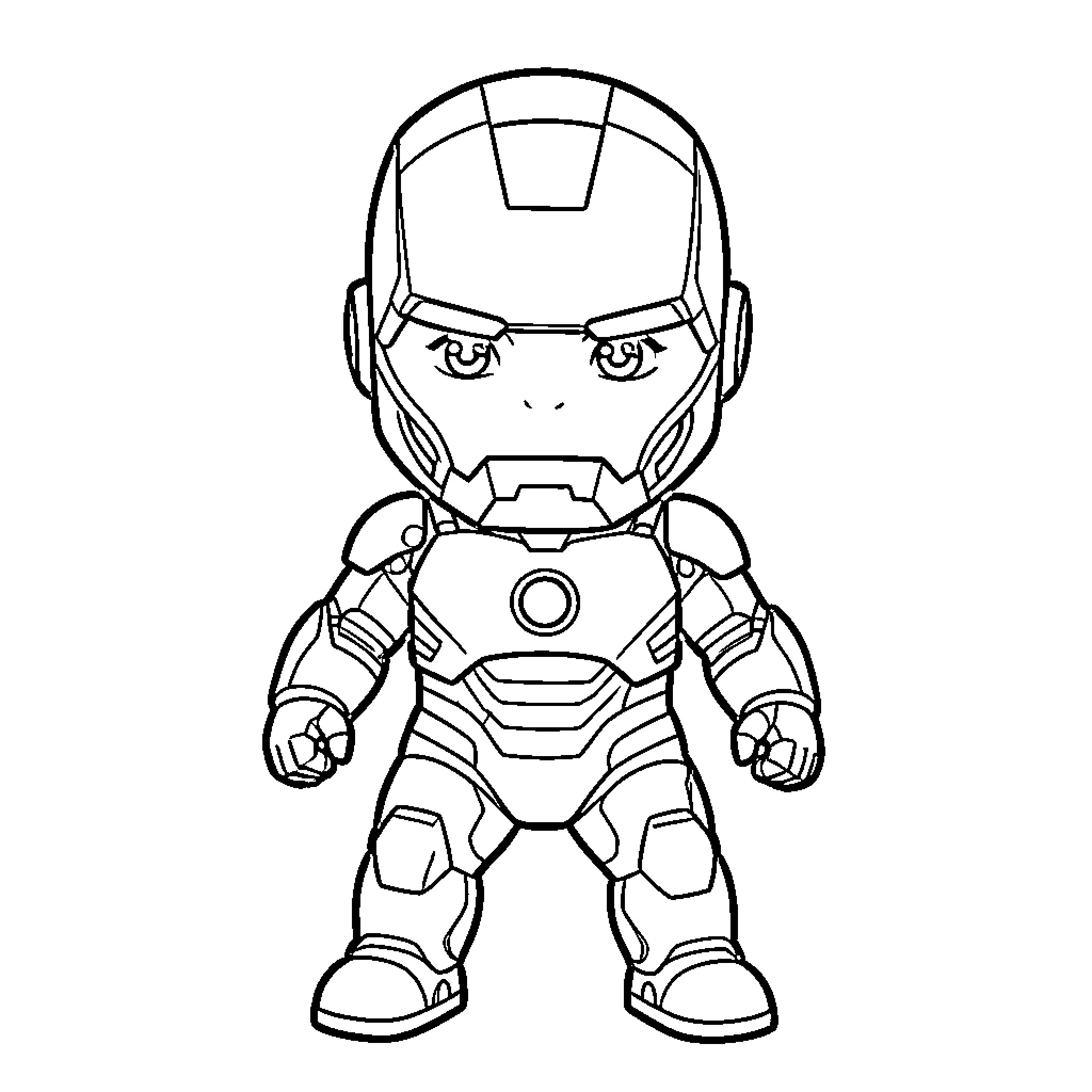 Baby Ironman standing in a heroic pose Coloring Page (free black-and-white line drawing printable PDF for all, from beginners to advanced learners, including children, teens, adults, and seniors)