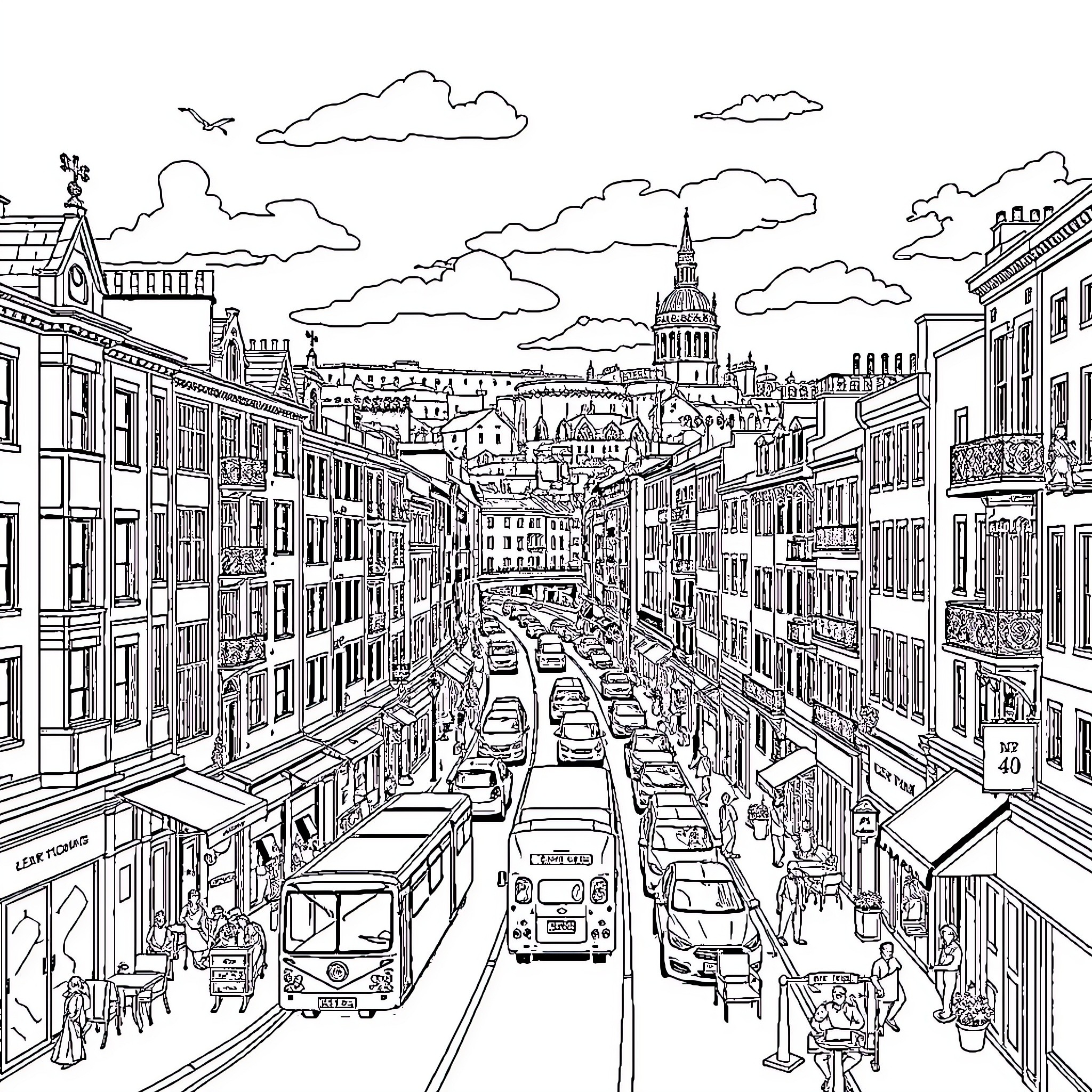 Bristol cityscape with bustling urban life Coloring Page (free black-and-white line drawing printable PDF for all, from beginners to advanced learners, including children, teens, adults, and seniors)