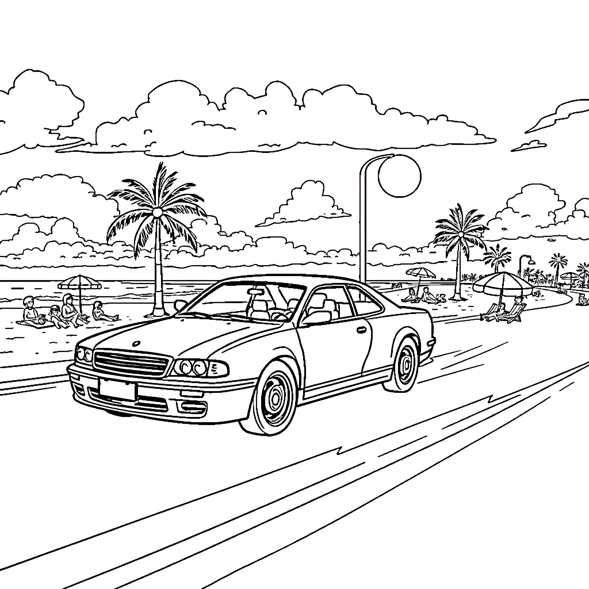 Car on tropical beach road with palm trees Coloring Page (free black-and-white line drawing printable PDF for all, from beginners to advanced learners, including children, teens, adults, and seniors)