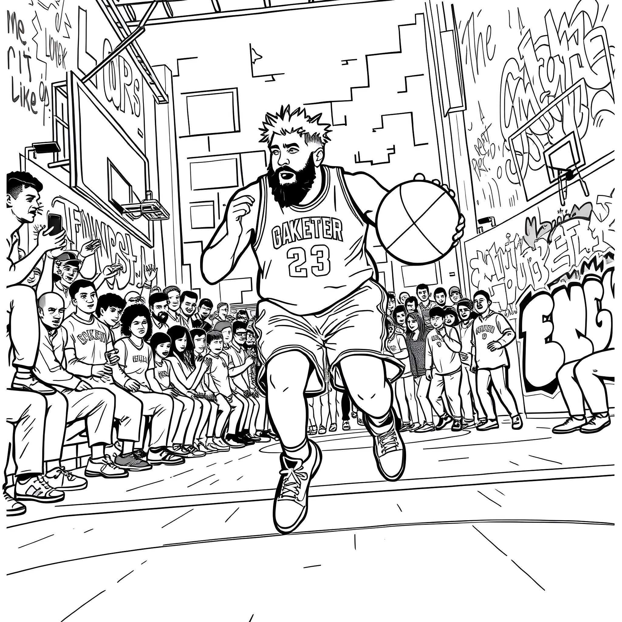 Jay Oakerson Dribbling Basketball Amidst Crowd Coloring Page (free black-and-white line drawing printable PDF for all, from beginners to advanced learners, including children, teens, adults, and seniors)