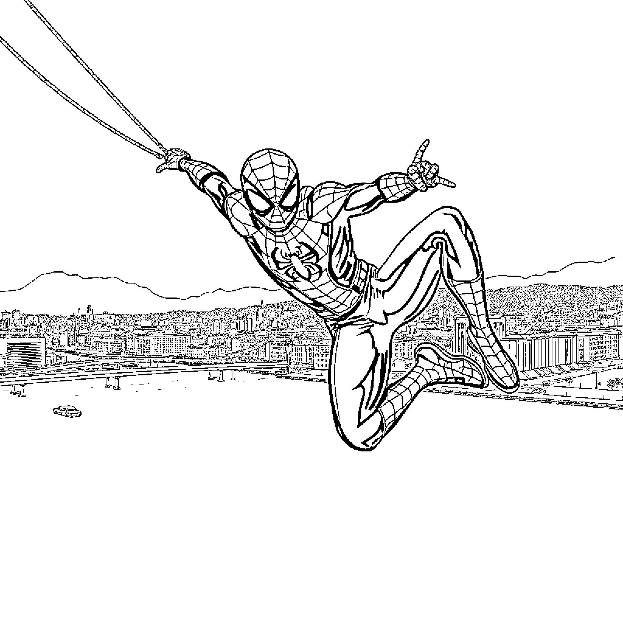Spiderman swinging over the city skyline Coloring Page (free black-and-white line drawing printable PDF for all, from beginners to advanced learners, including children, teens, adults, and seniors)