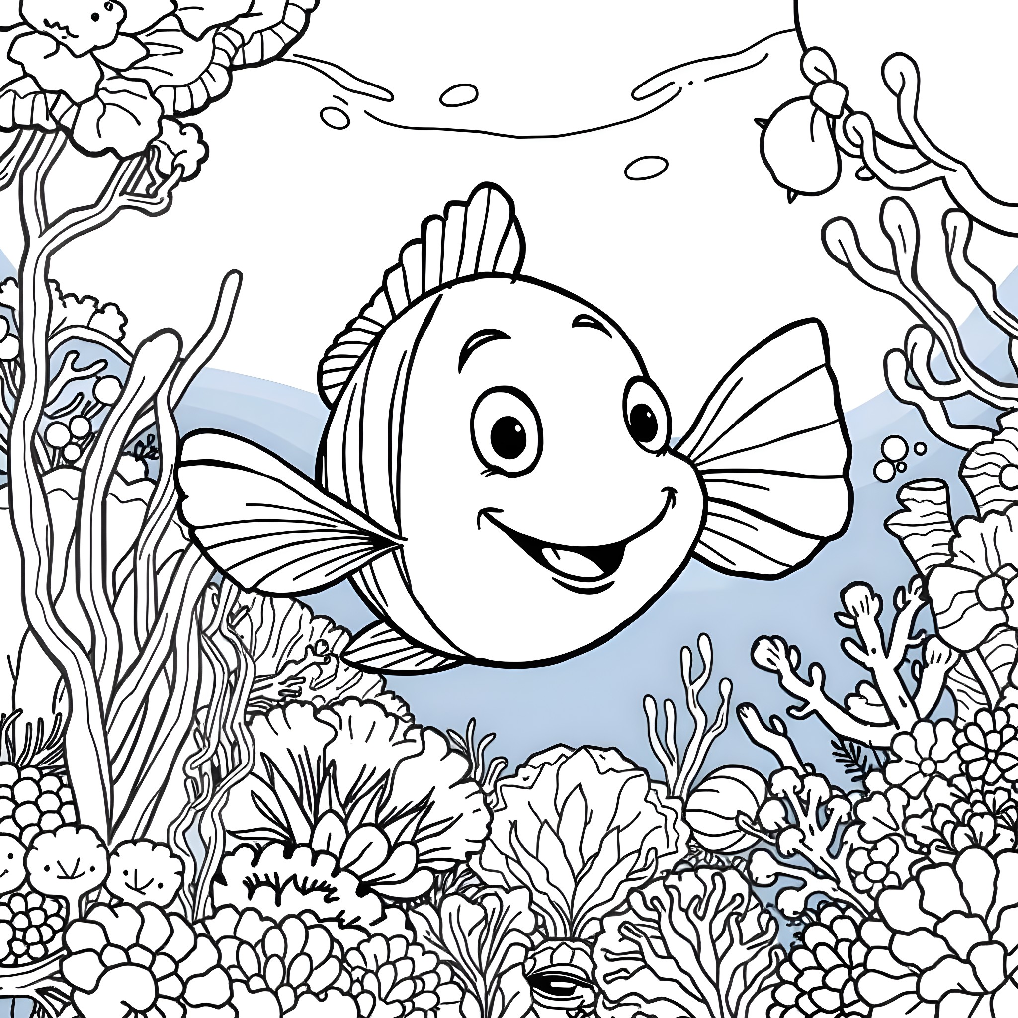 Flounder exploring the vibrant underwater coral reef Coloring Page (free black-and-white line drawing printable PDF for all, from beginners to advanced learners, including children, teens, adults, and seniors)