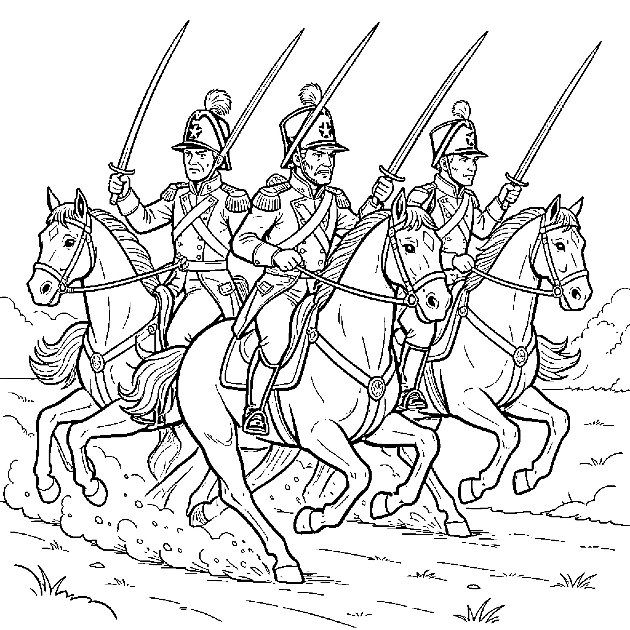 Dragoon cavalry charging forward with raised swords Coloring Page (free black-and-white line drawing printable PDF for all, from beginners to advanced learners, including children, teens, adults, and seniors)