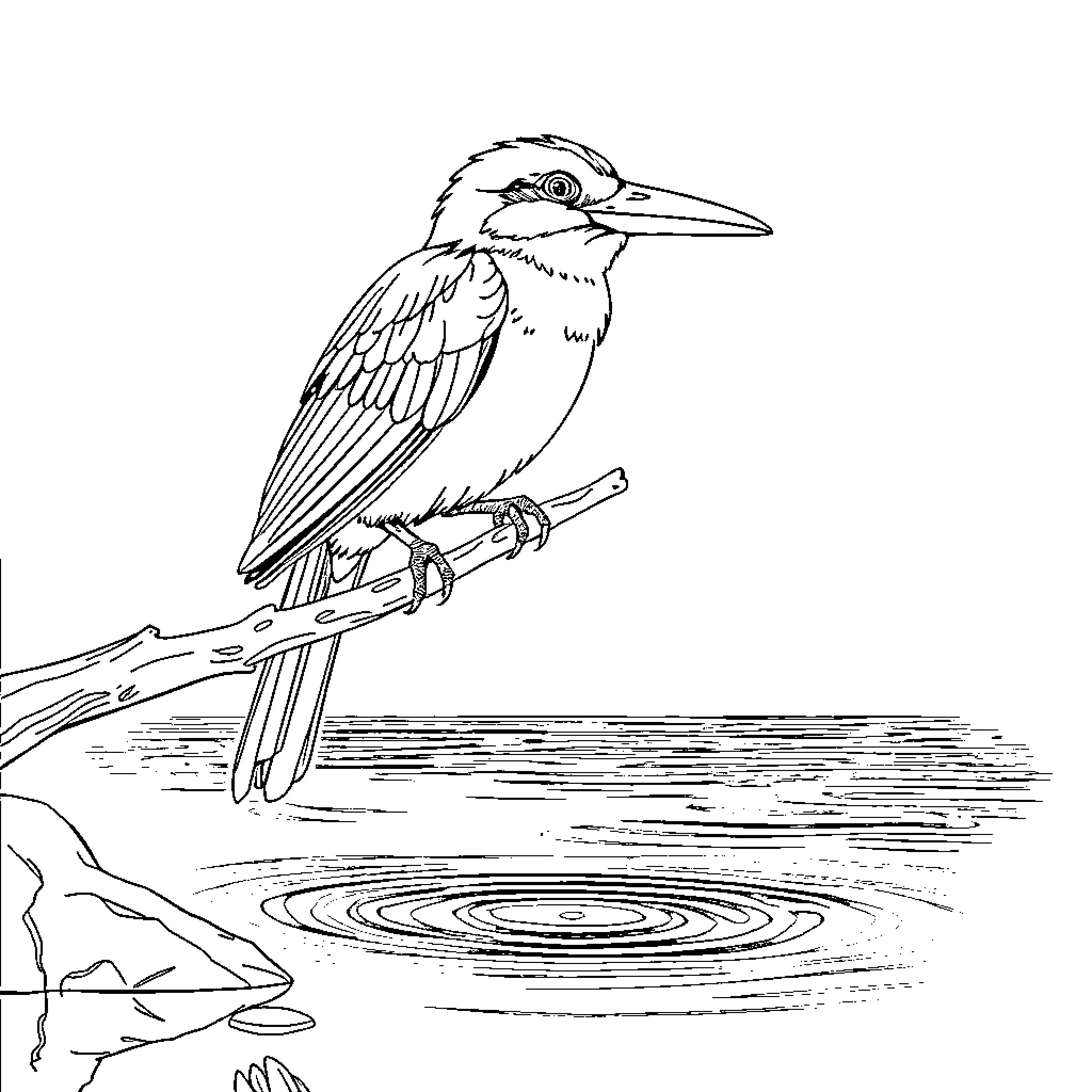 Bird perched on a branch over water Coloring Page (free black-and-white line drawing printable PDF for all, from beginners to advanced learners, including children, teens, adults, and seniors)