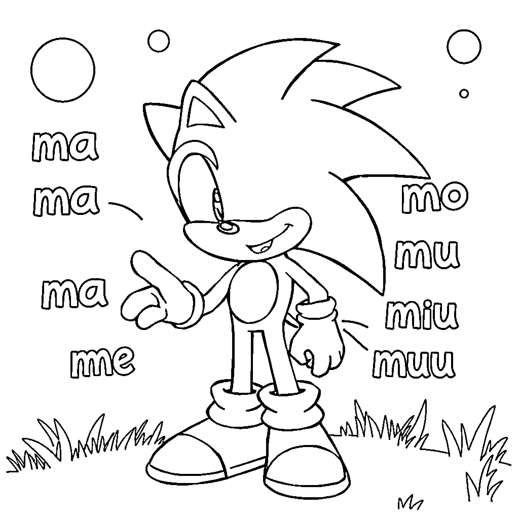 Sonic character in a playful pose with onomatopoeic words Coloring Page (free black-and-white line drawing printable PDF for all, from beginners to advanced learners, including children, teens, adults, and seniors)