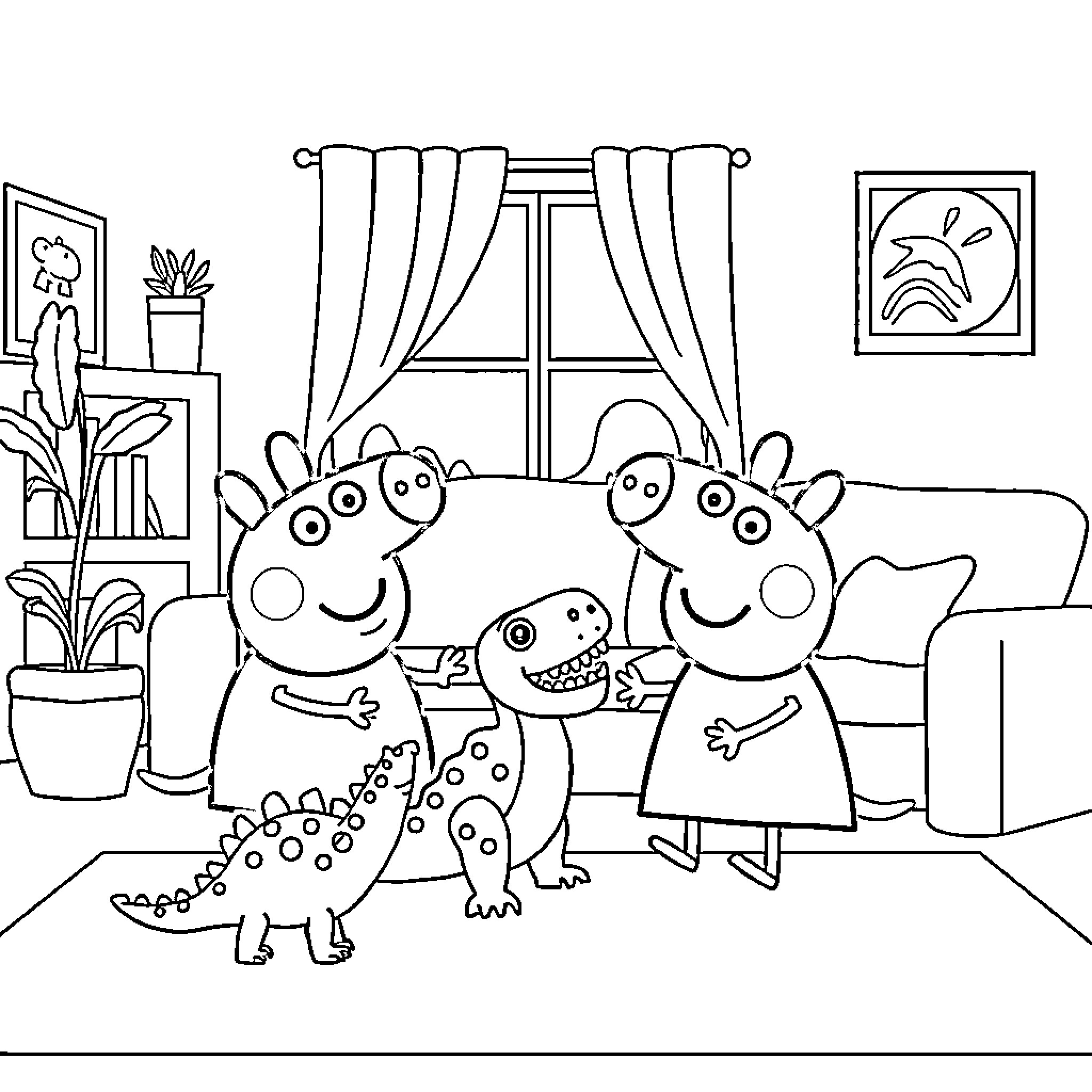 Peppa Pig family enjoying a cozy day at home Coloring Page (free black-and-white line drawing printable PDF for all, from beginners to advanced learners, including children, teens, adults, and seniors)