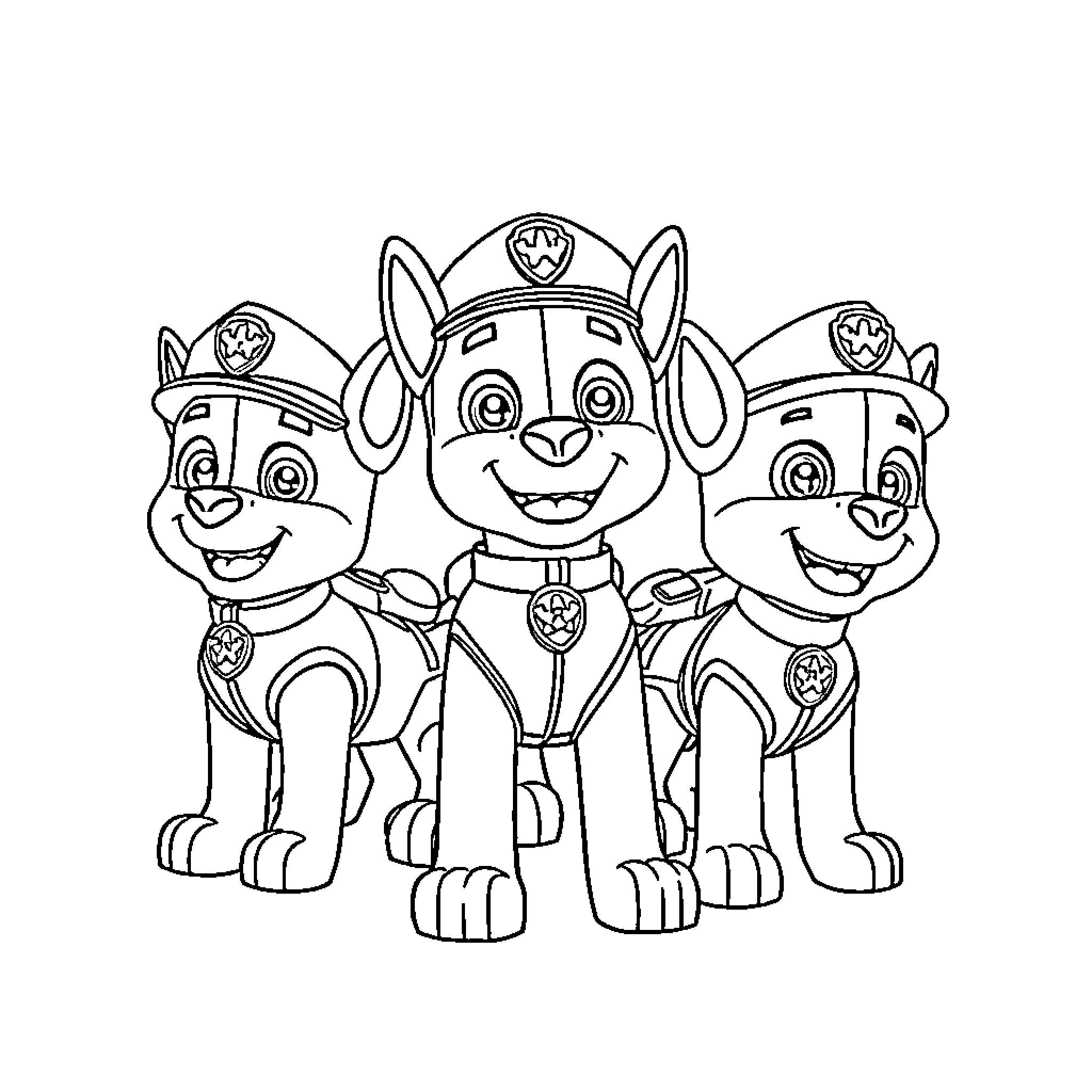 Paw Patrol team together in action Coloring Page (free black-and-white line drawing printable PDF for all, from beginners to advanced learners, including children, teens, adults, and seniors)
