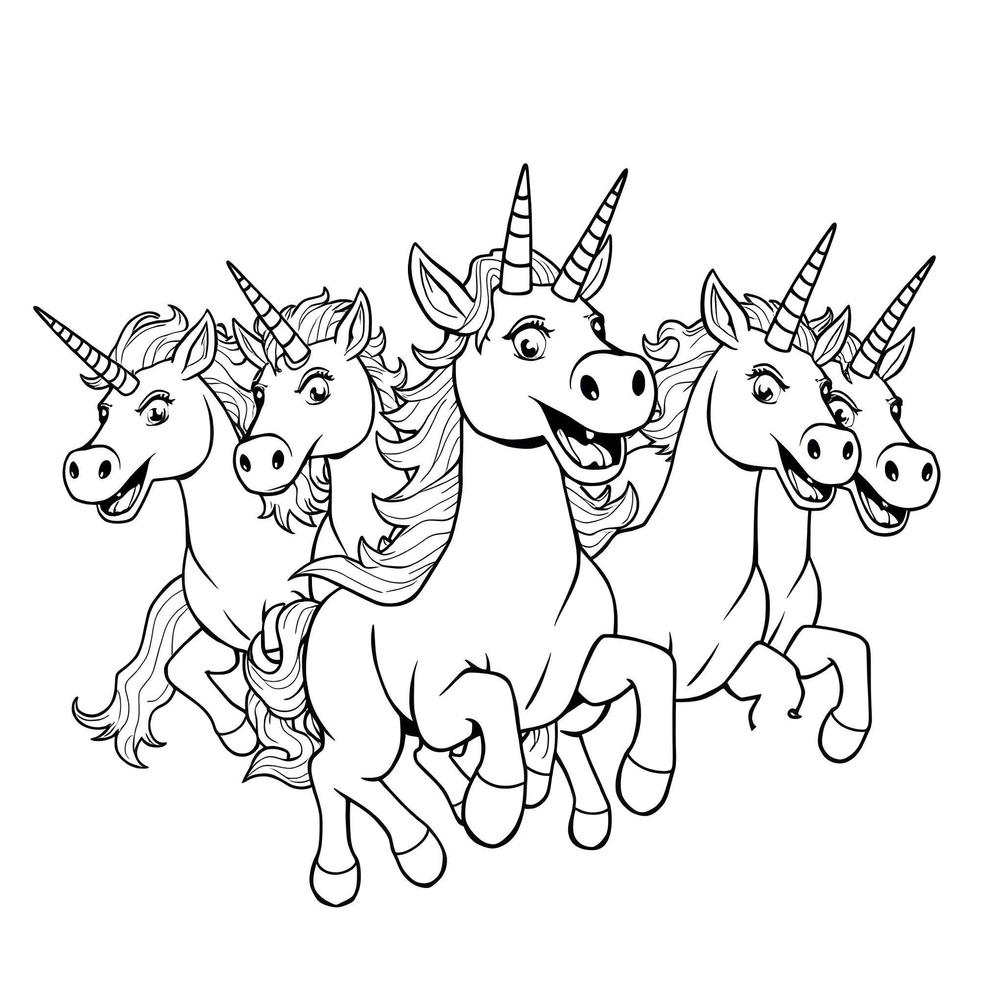 Smiley Face Unicorns Jumping with Joy Coloring Page (free black-and-white line drawing printable PDF for all, from beginners to advanced learners, including children, teens, adults, and seniors)