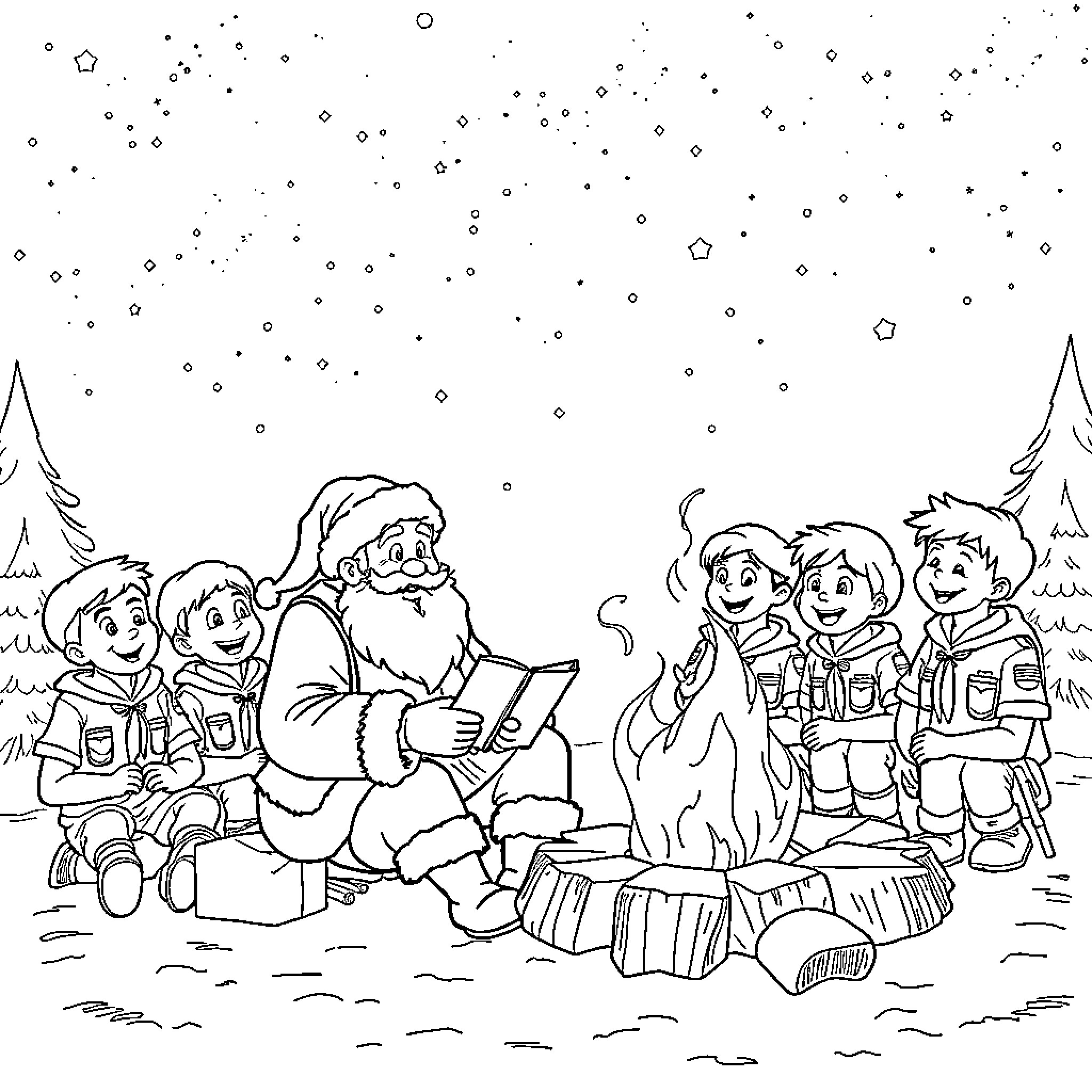 Santa reading to children in winter wonderland Coloring Page (free black-and-white line drawing printable PDF for all, from beginners to advanced learners, including children, teens, adults, and seniors)