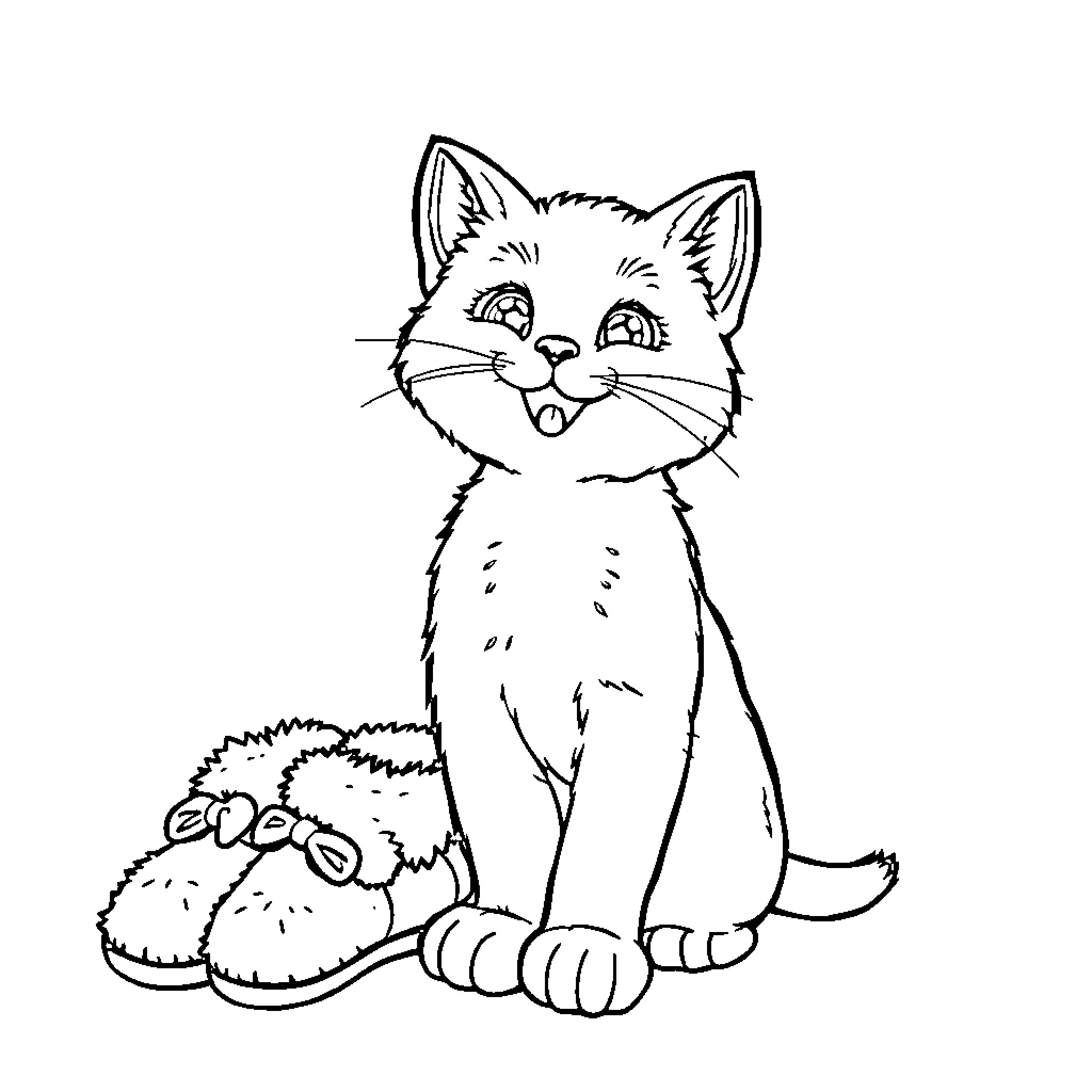 Kitty with Funny Expression and Fluffy Paws Coloring Page (free black-and-white line drawing printable PDF for all, from beginners to advanced learners, including children, teens, adults, and seniors)