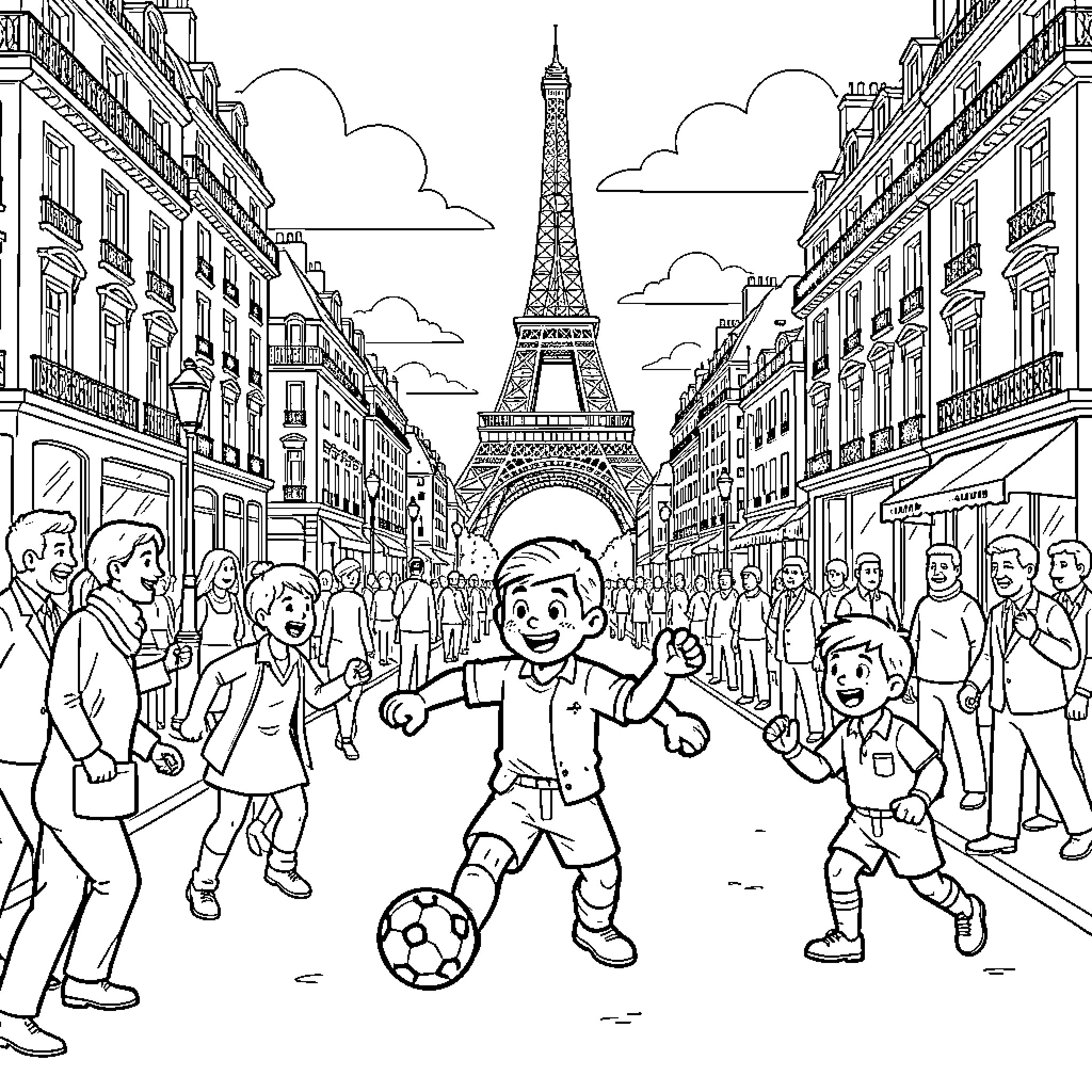 Paw Patrol characters playing soccer on a Parisian street Coloring Page (free black-and-white line drawing printable PDF for all, from beginners to advanced learners, including children, teens, adults, and seniors)