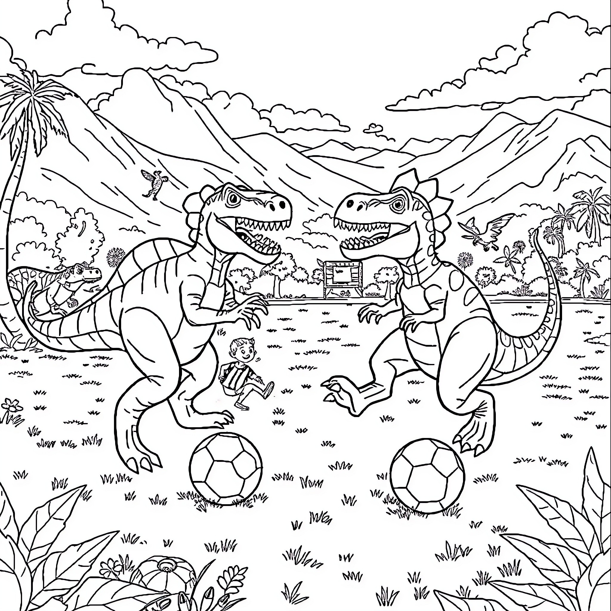 Dinosaurs playing soccer in the prehistoric landscape Coloring Page (free black-and-white line drawing printable PDF for all, from beginners to advanced learners, including children, teens, adults, and seniors)