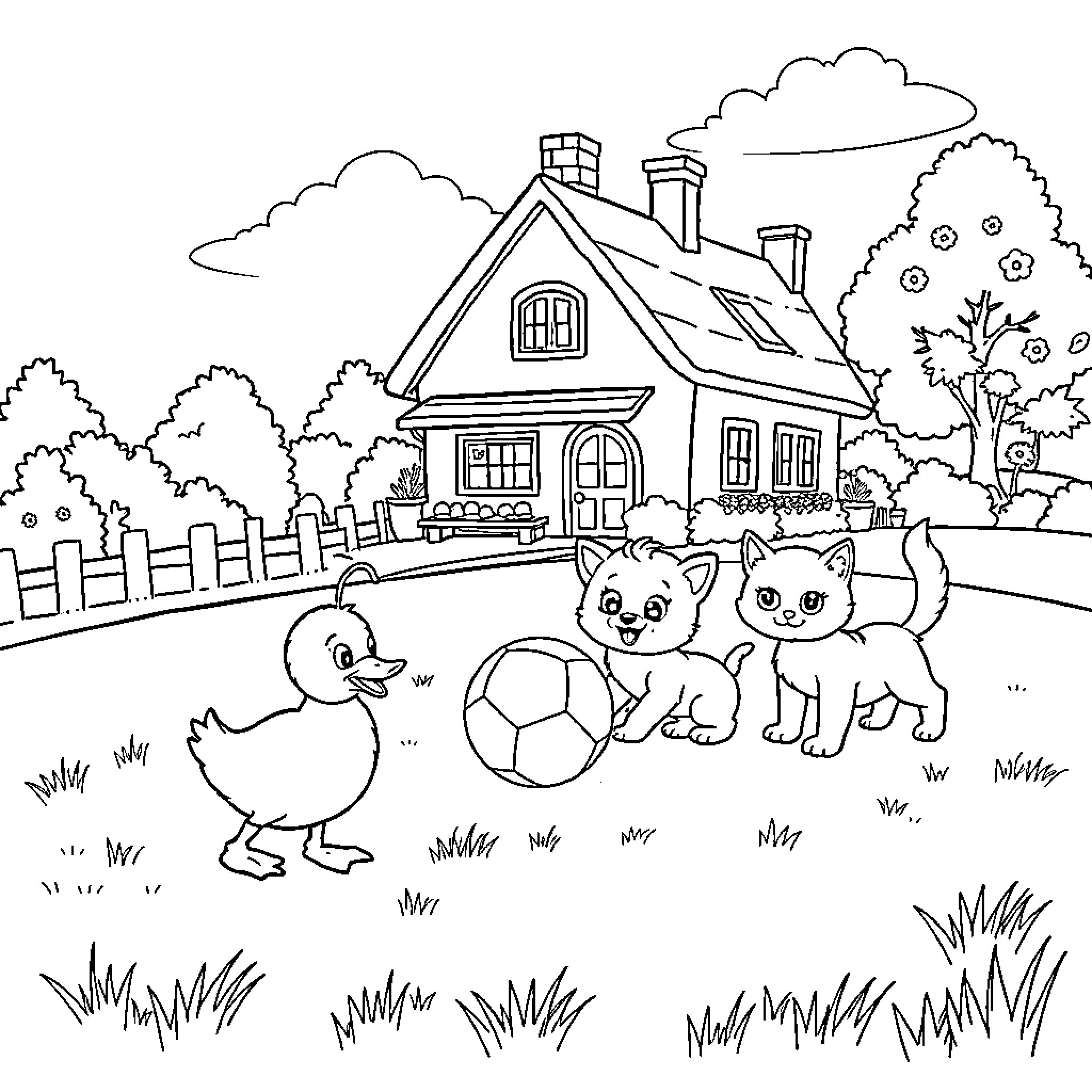 Dog and Kittens Playing in a Scenic Backyard Coloring Page (free black-and-white line drawing printable PDF for all, from beginners to advanced learners, including children, teens, adults, and seniors)