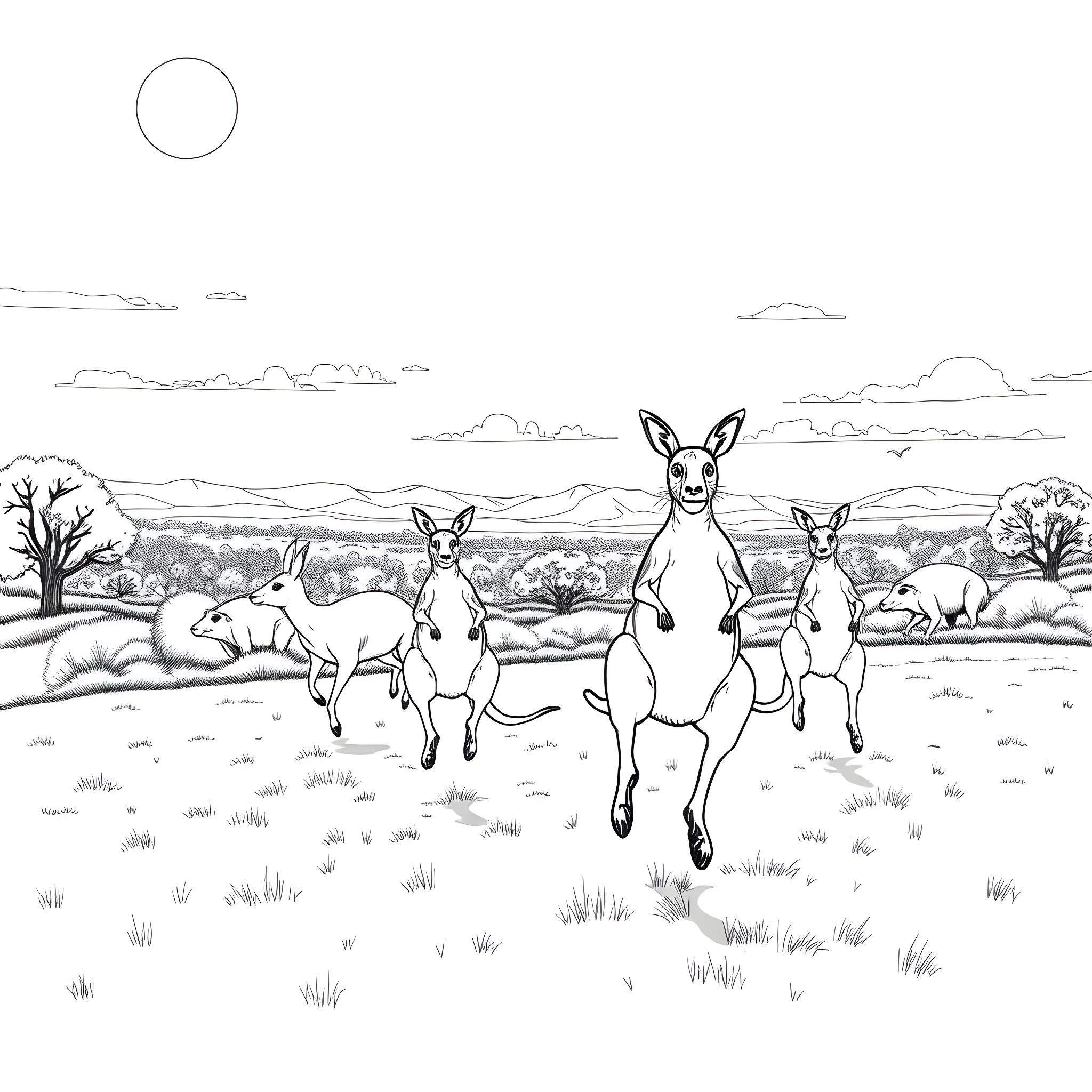 Kangaroos hopping through the serene landscape Coloring Page (free black-and-white line drawing printable PDF for all, from beginners to advanced learners, including children, teens, adults, and seniors)
