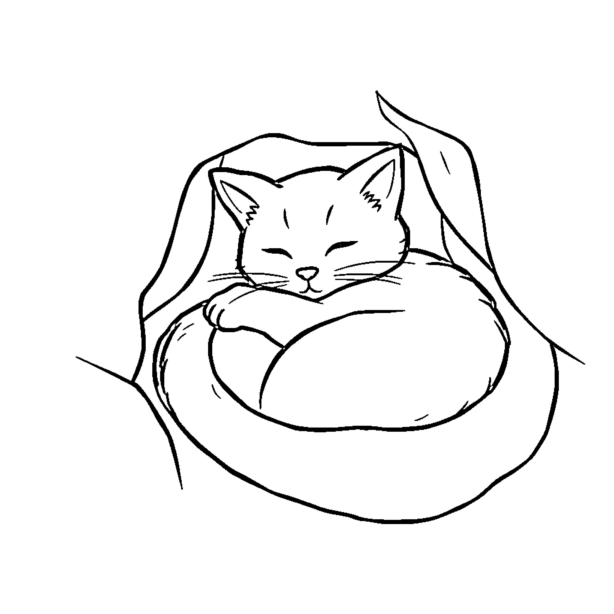 Cat resting comfortably in a cozy blanket Coloring Page (free black-and-white line drawing printable PDF for all, from beginners to advanced learners, including children, teens, adults, and seniors)