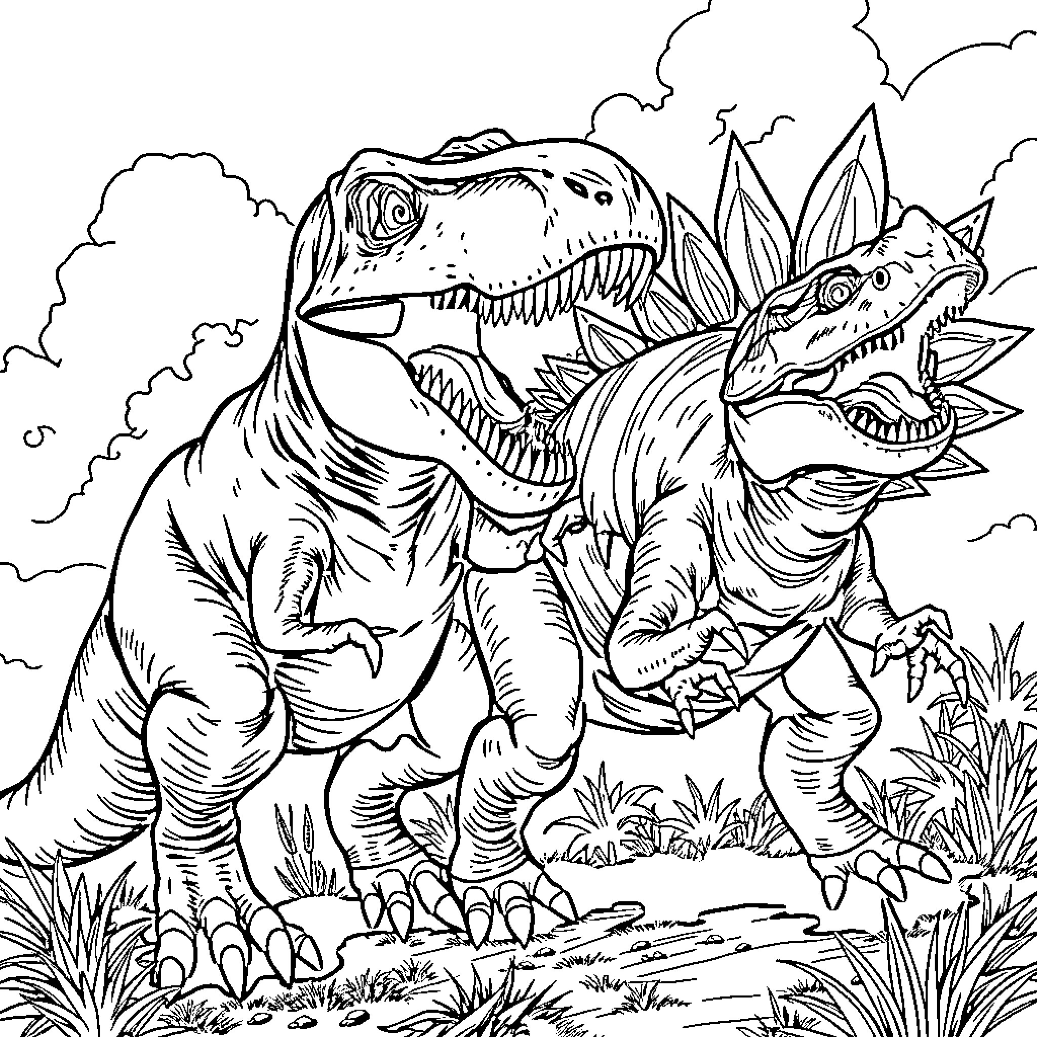 T-Rex Roaring Dominance in Prehistoric Landscape Coloring Page (free black-and-white line drawing printable PDF for all, from beginners to advanced learners, including children, teens, adults, and seniors)