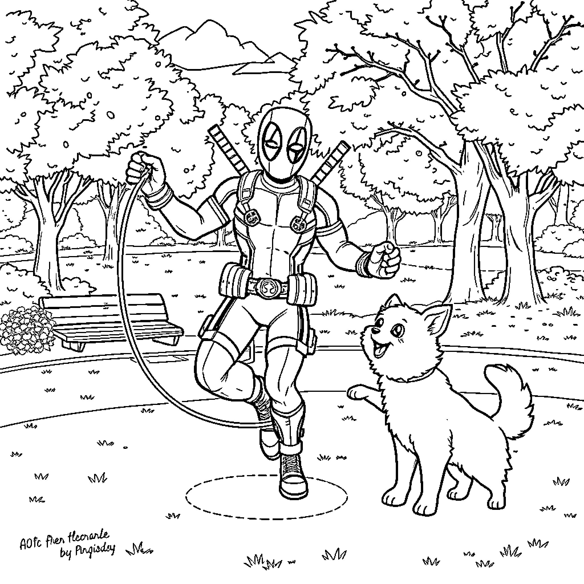 Deadpool's Outdoor Adventure with Canine Companion Coloring Page (free black-and-white line drawing printable PDF for all, from beginners to advanced learners, including children, teens, adults, and seniors)