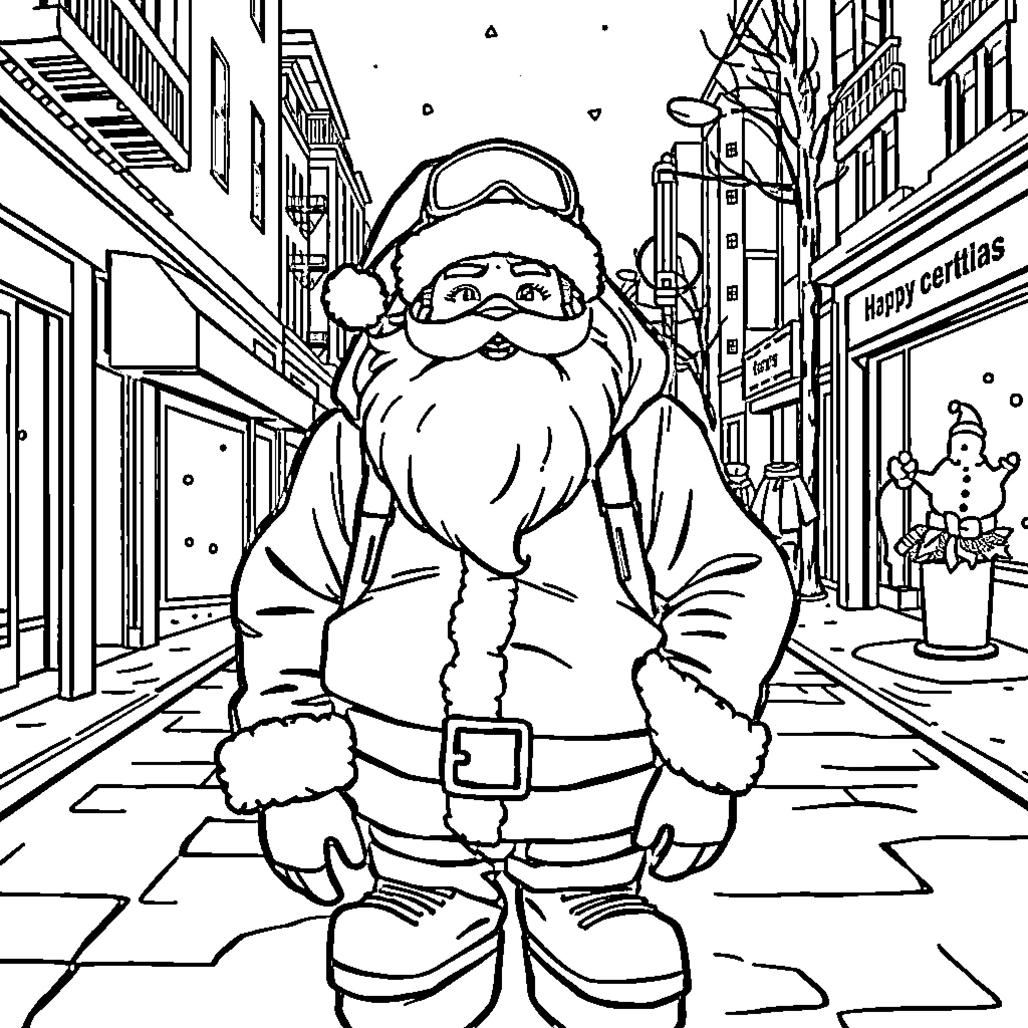 Santa Claus Strolling Through Festive City Street Coloring Page (free black-and-white line drawing printable PDF for all, from beginners to advanced learners, including children, teens, adults, and seniors)