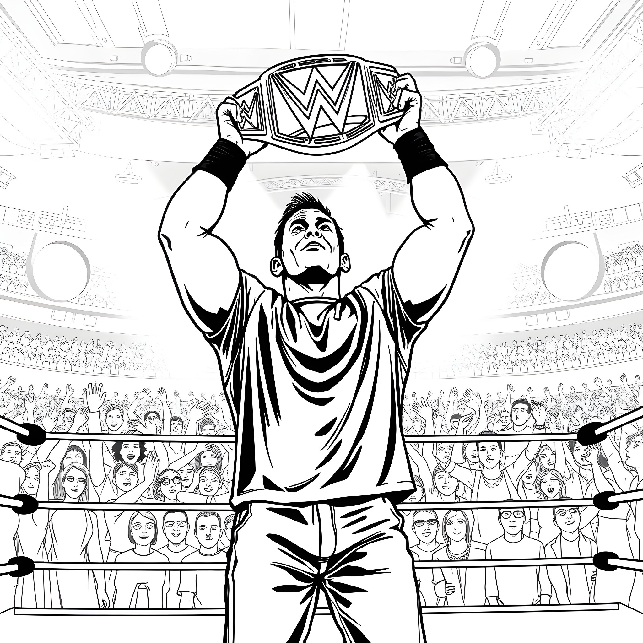John Cena Celebrating Victory in the Wrestling Ring Coloring Page (free black-and-white line drawing printable PDF for all, from beginners to advanced learners, including children, teens, adults, and seniors)