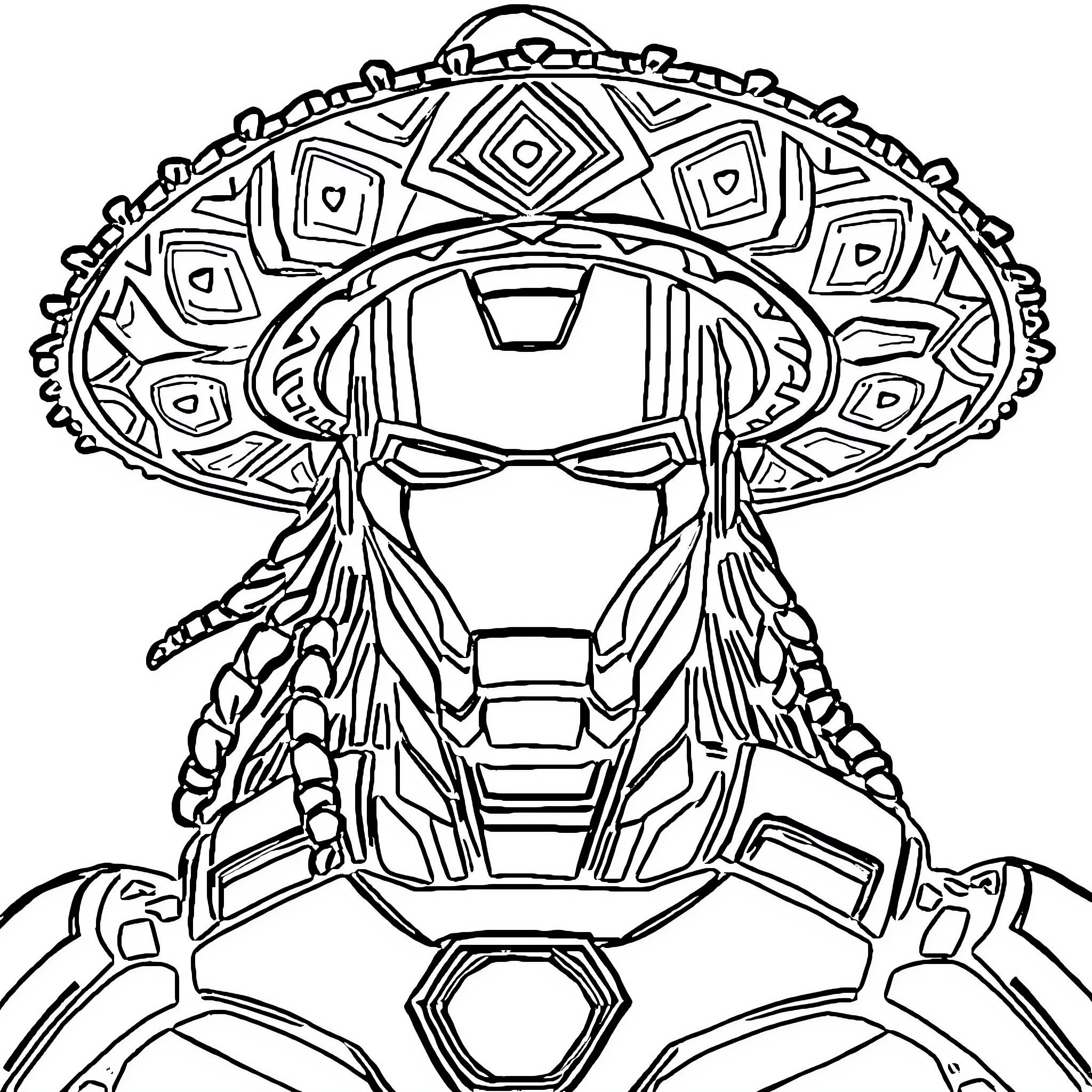 Iron Man in Ornate Mechanical Armor Coloring Page (free black-and-white line drawing printable PDF for all, from beginners to advanced learners, including children, teens, adults, and seniors)