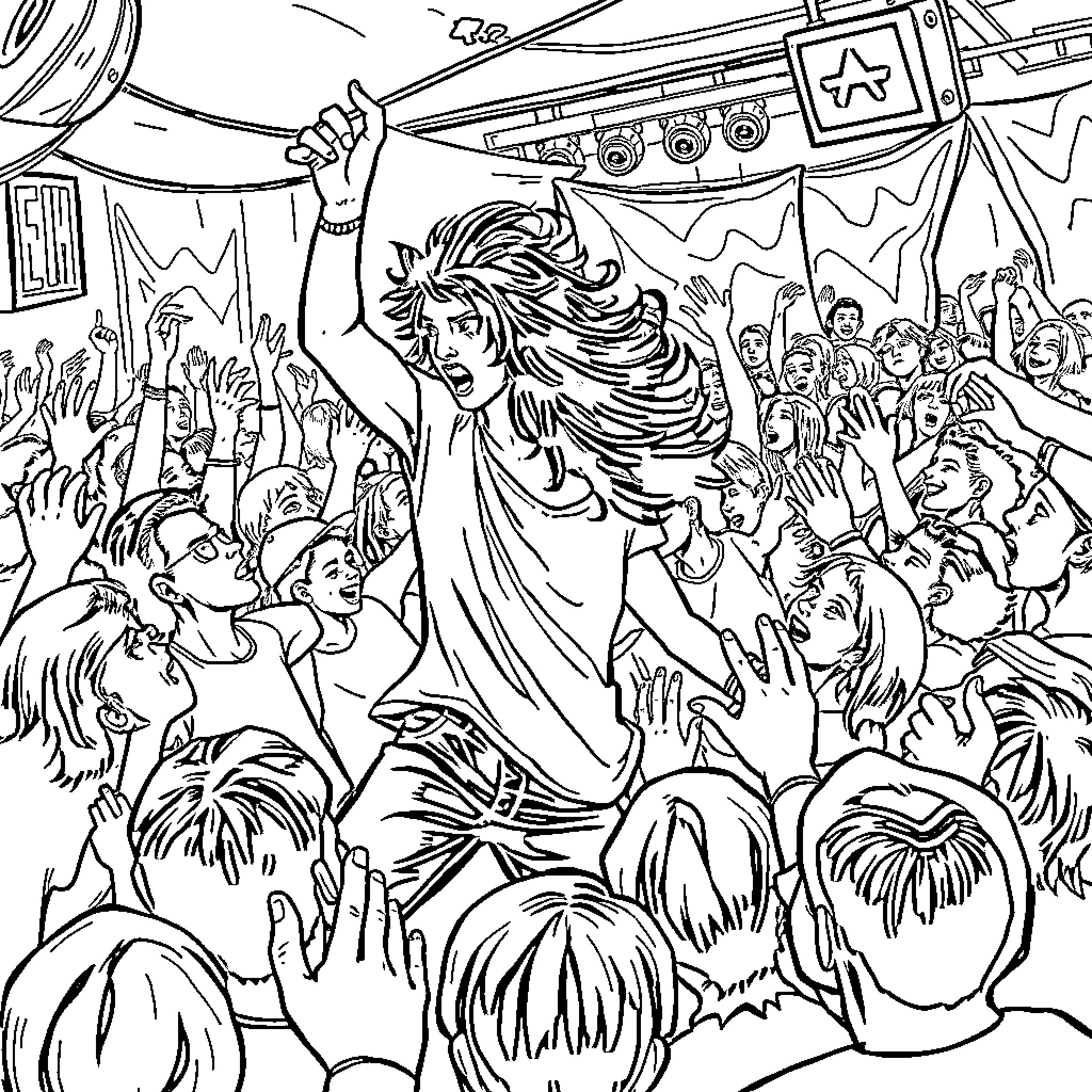 Frieren: Rocking the Crowd at the Concert Coloring Page (free black-and-white line drawing printable PDF for all, from beginners to advanced learners, including children, teens, adults, and seniors)