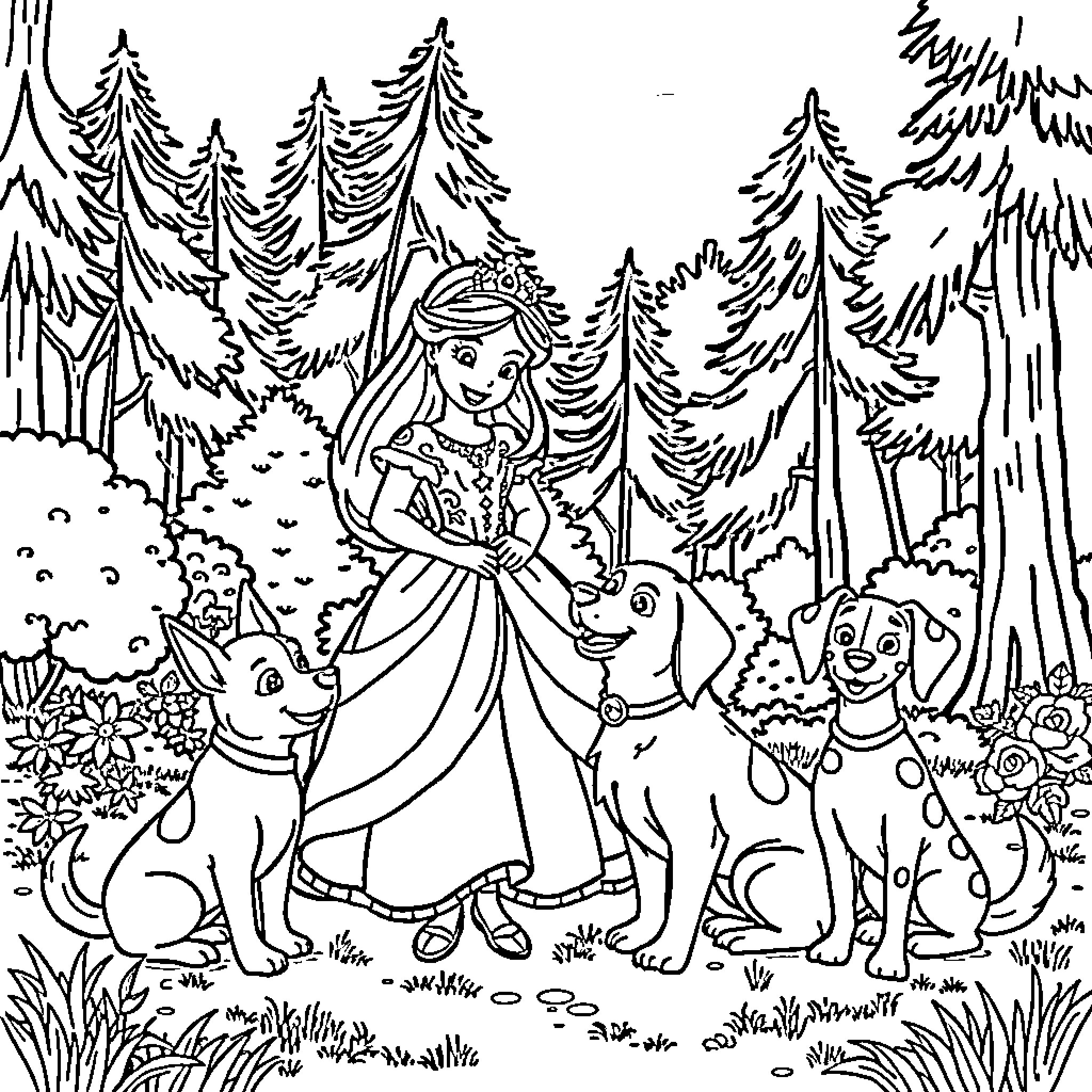 Princess Exploring the Enchanted Forest with Animal Friends Coloring Page (free black-and-white line drawing printable PDF for all, from beginners to advanced learners, including children, teens, adults, and seniors)