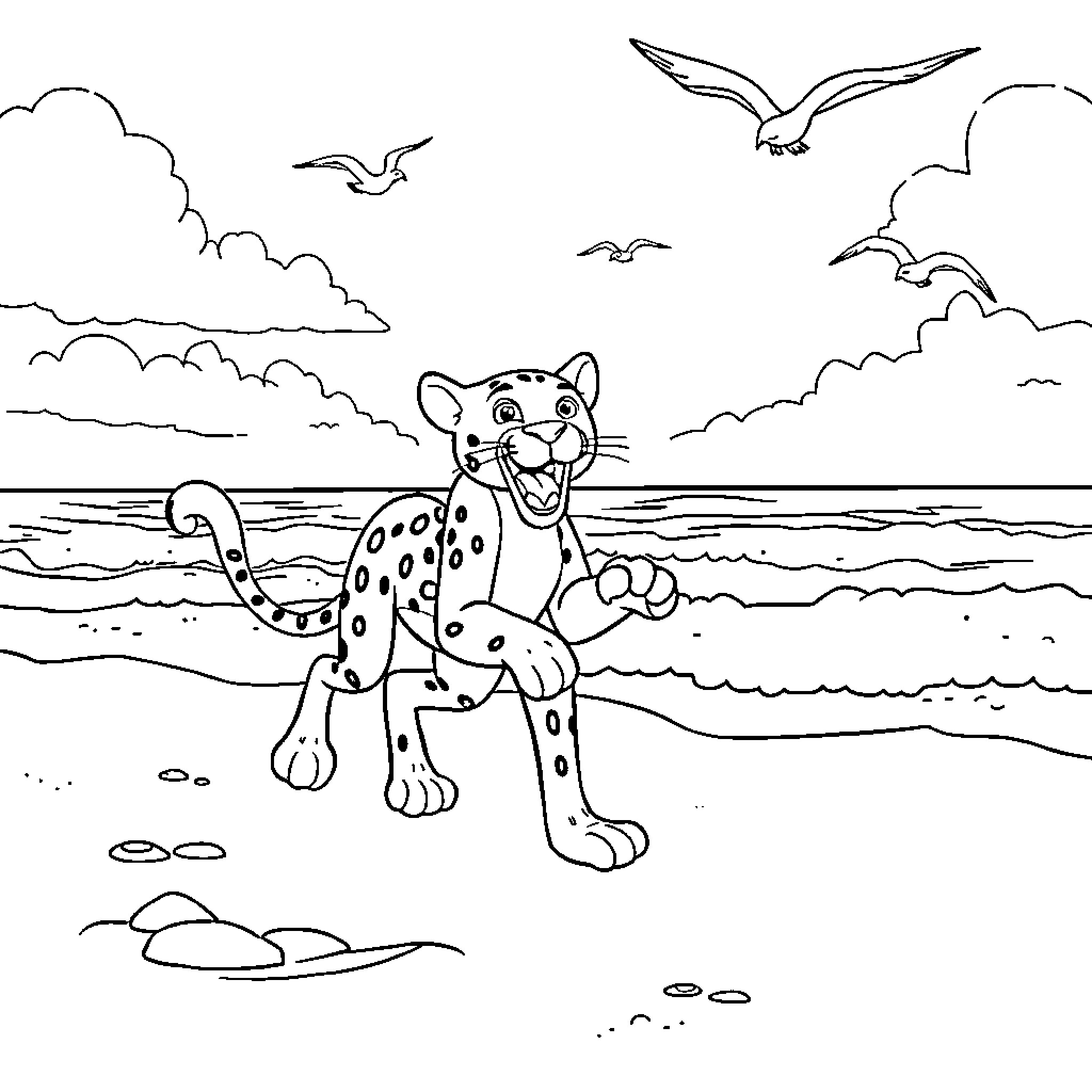 Pink Panther enjoying a beach day with seagulls Coloring Page (free black-and-white line drawing printable PDF for all, from beginners to advanced learners, including children, teens, adults, and seniors)