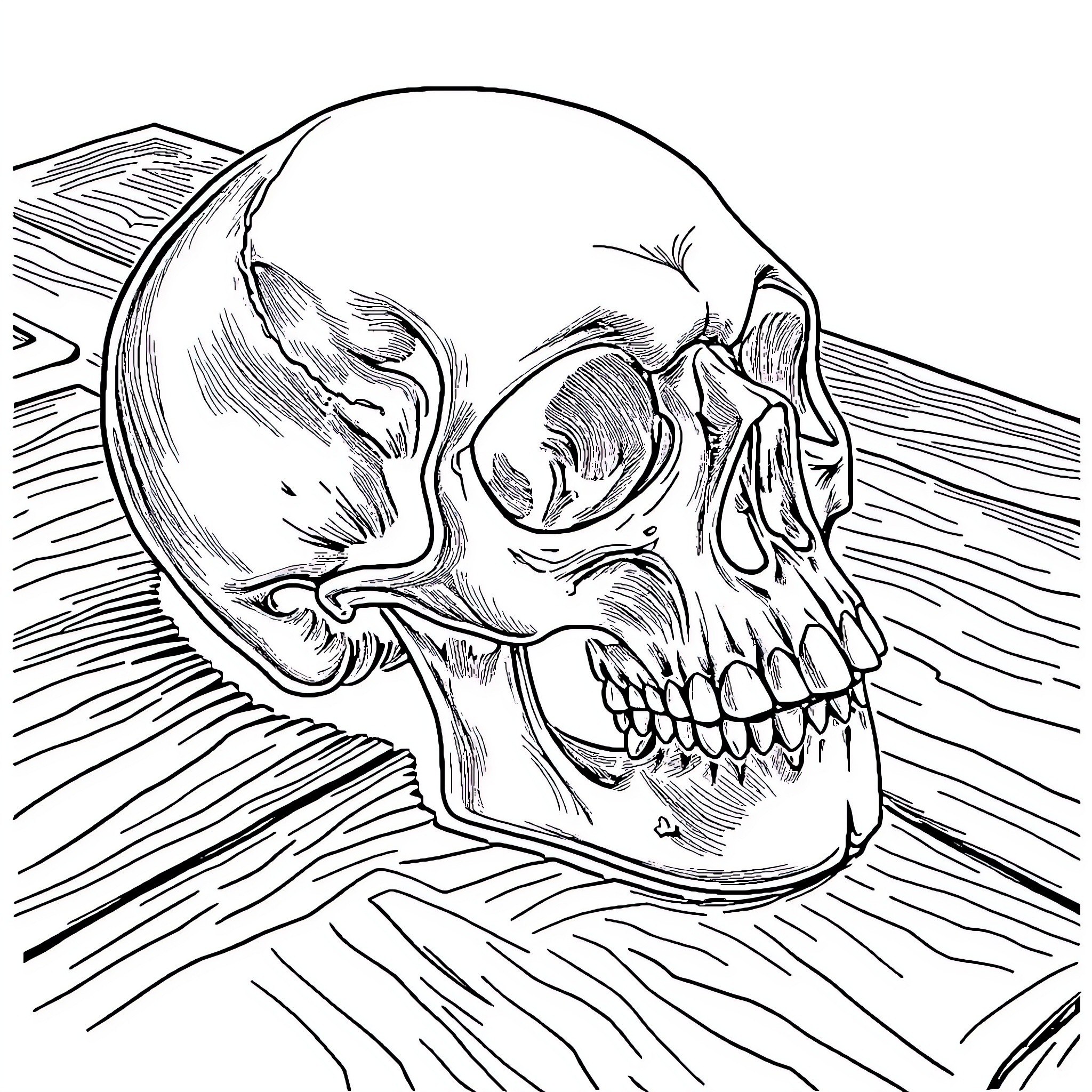 Skull in dramatic landscape Coloring Page (free black-and-white line drawing printable PDF for all, from beginners to advanced learners, including children, teens, adults, and seniors)