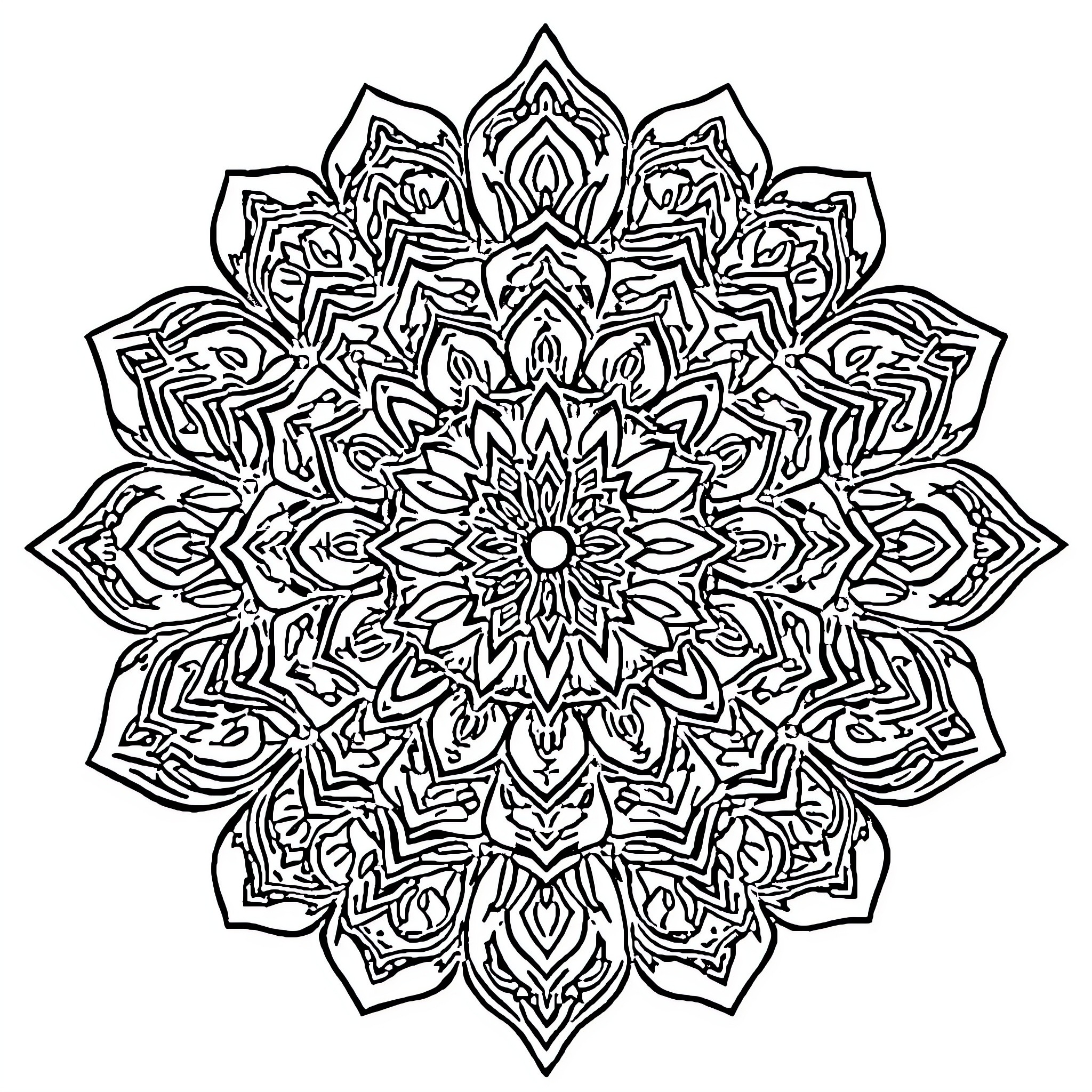 Mandala with intricate symmetrical pattern Coloring Page (free black-and-white line drawing printable PDF for all, from beginners to advanced learners, including children, teens, adults, and seniors)