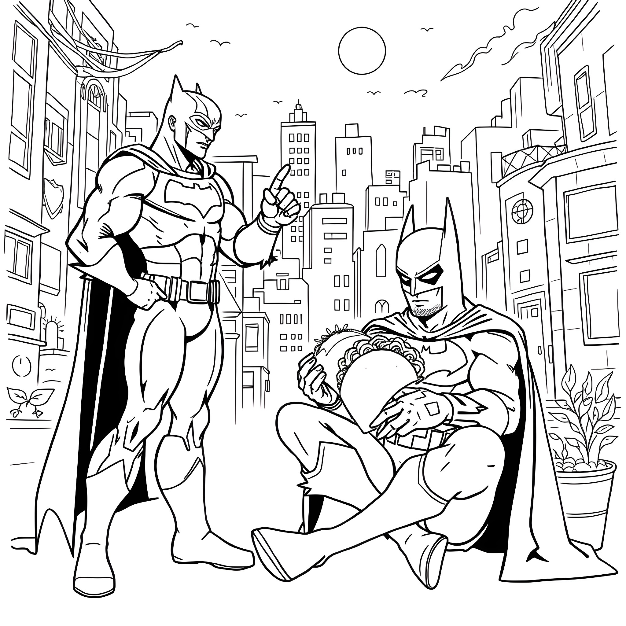 Captain Planet and Batman Superheroes in the City Coloring Page (free black-and-white line drawing printable PDF for all, from beginners to advanced learners, including children, teens, adults, and seniors)