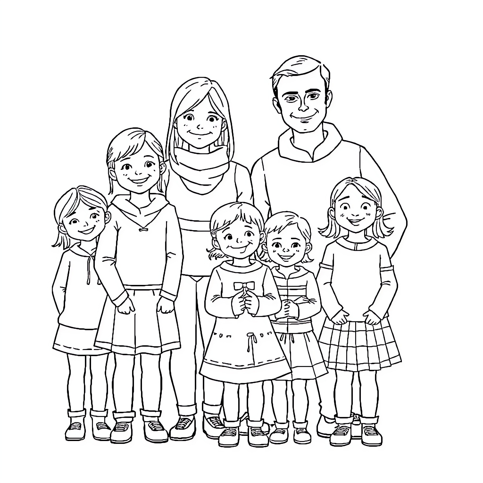 Family Enjoying Time Together Coloring Page (free black-and-white line drawing printable PDF for all, from beginners to advanced learners, including children, teens, adults, and seniors)