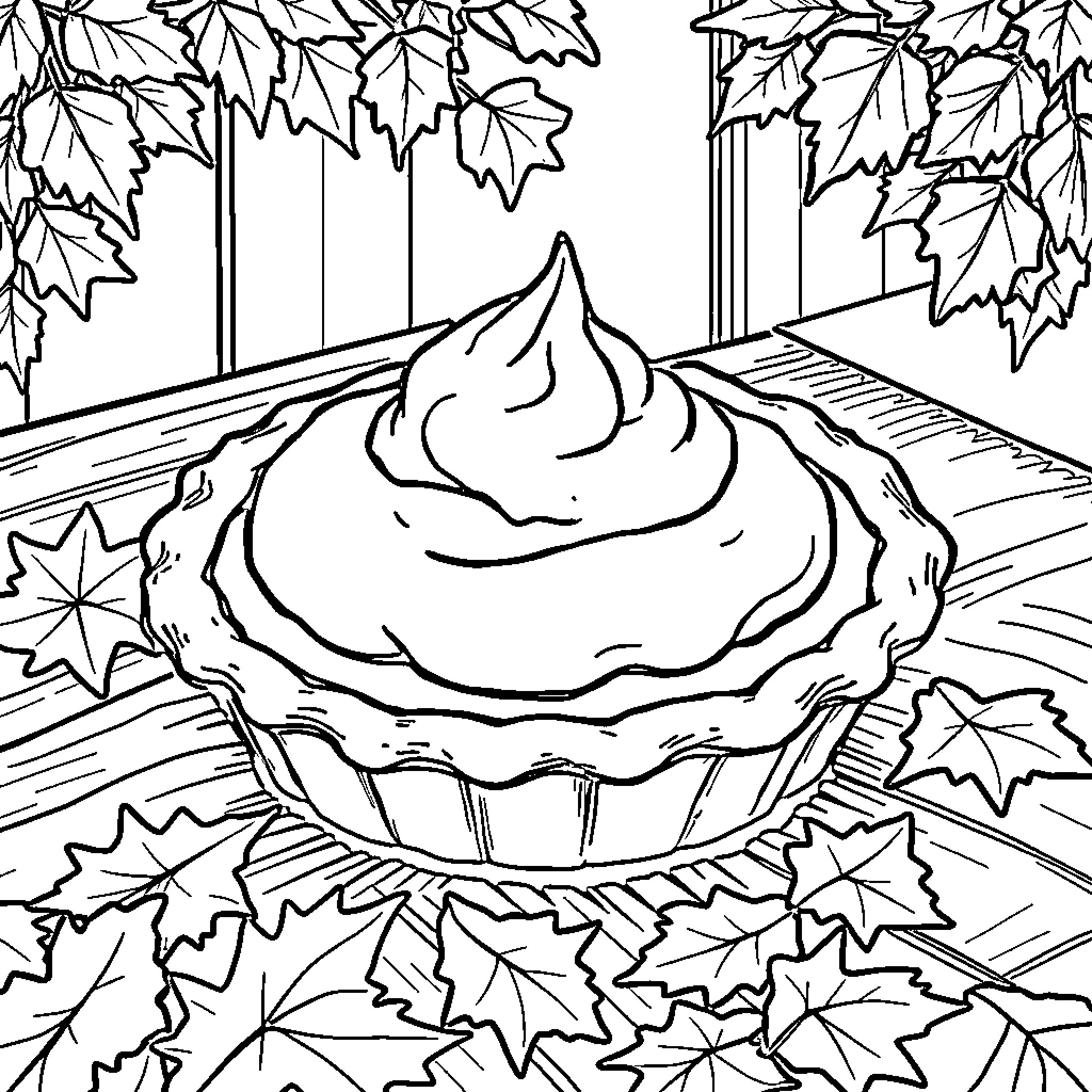 Pie Baked with Autumn Leaves Coloring Page (free black-and-white line drawing printable PDF for all, from beginners to advanced learners, including children, teens, adults, and seniors)