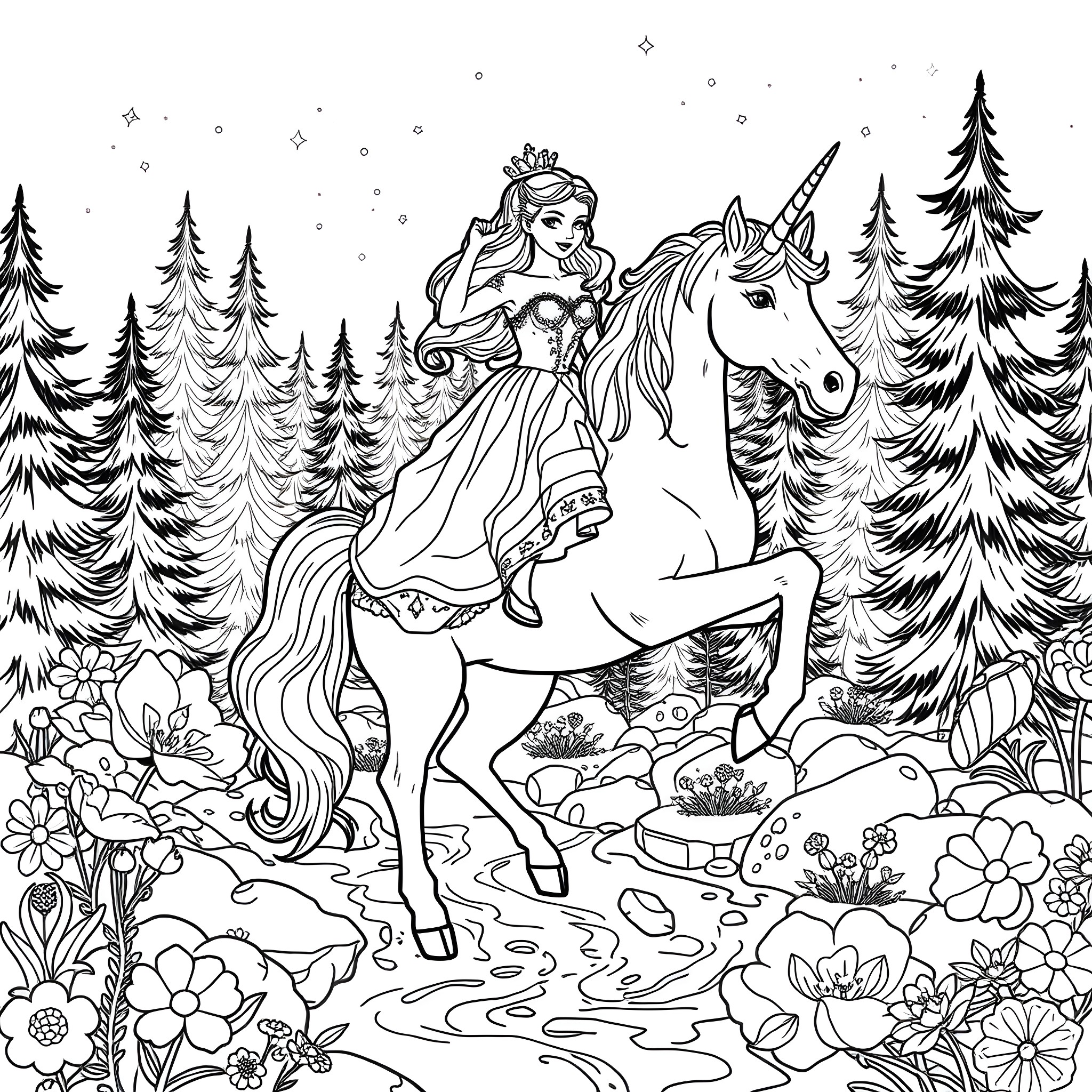 Princess riding a magical unicorn in the enchanted forest Coloring Page (free black-and-white line drawing printable PDF for all, from beginners to advanced learners, including children, teens, adults, and seniors)
