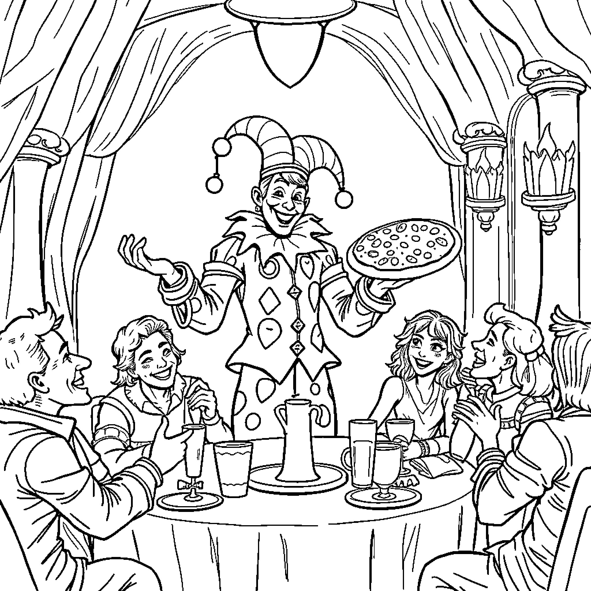 Jester entertaining guests at a festive gathering Coloring Page (free black-and-white line drawing printable PDF for all, from beginners to advanced learners, including children, teens, adults, and seniors)