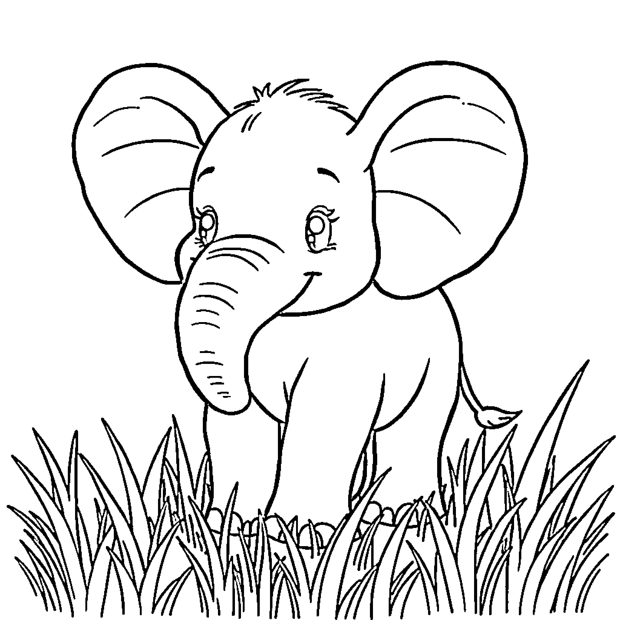 Elephant happily exploring the tall grass Coloring Page (free black-and-white line drawing printable PDF for all, from beginners to advanced learners, including children, teens, adults, and seniors)