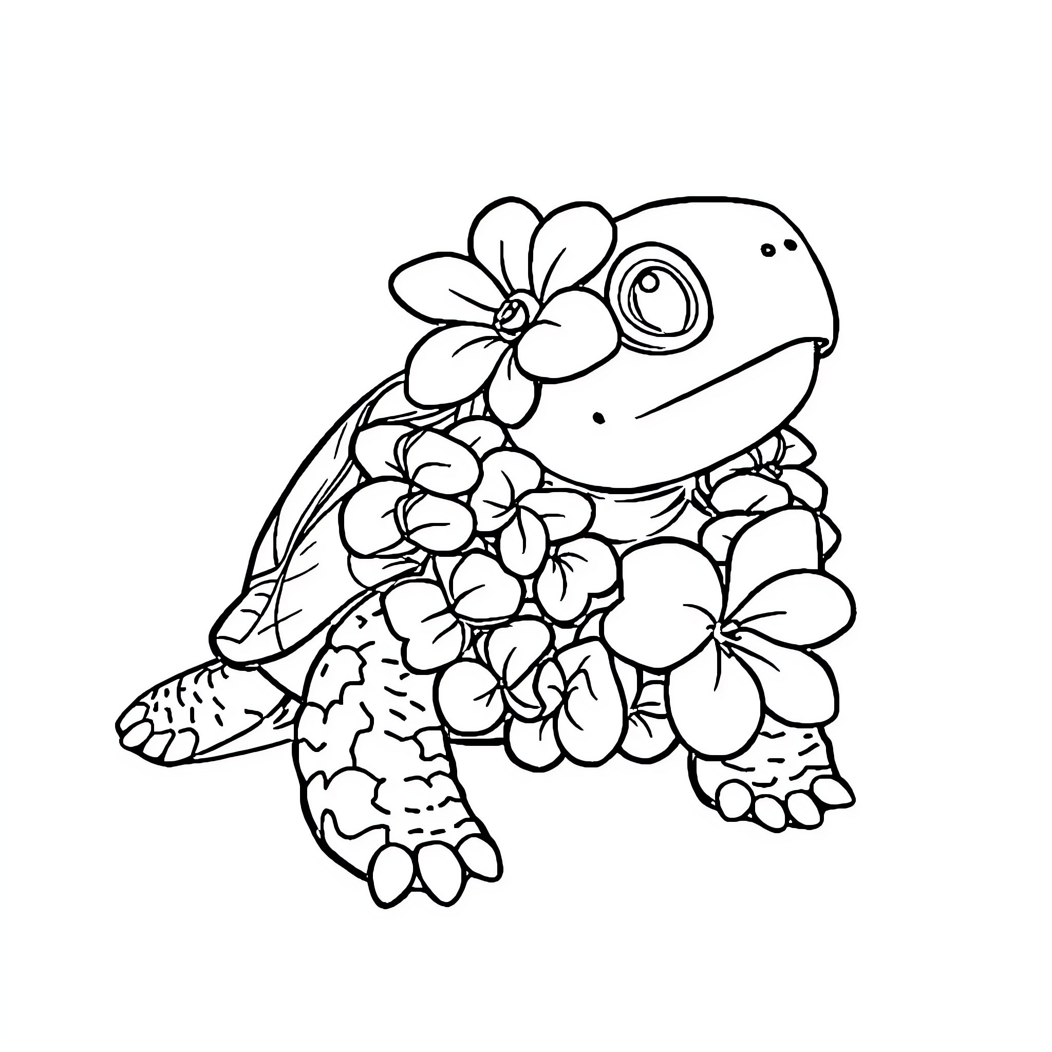 Turtle decorated with colorful flowers Coloring Page (free black-and-white line drawing printable PDF for all, from beginners to advanced learners, including children, teens, adults, and seniors)