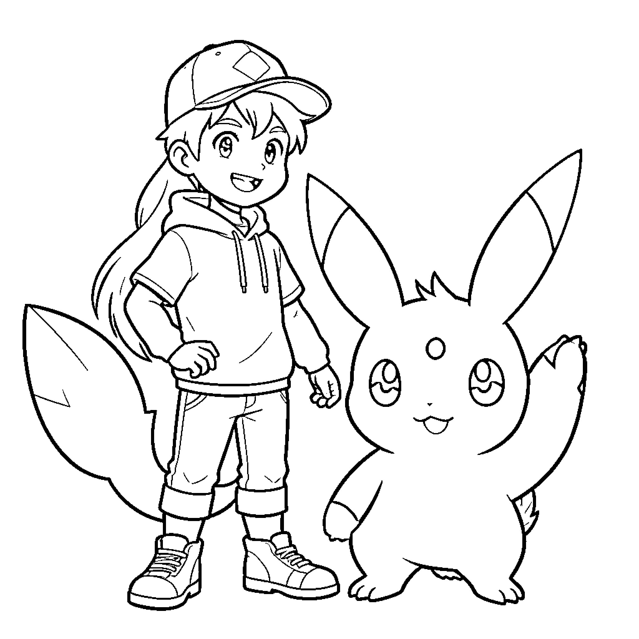 Aimé smiling beside a friendly creature Coloring Page (free black-and-white line drawing printable PDF for all, from beginners to advanced learners, including children, teens, adults, and seniors)