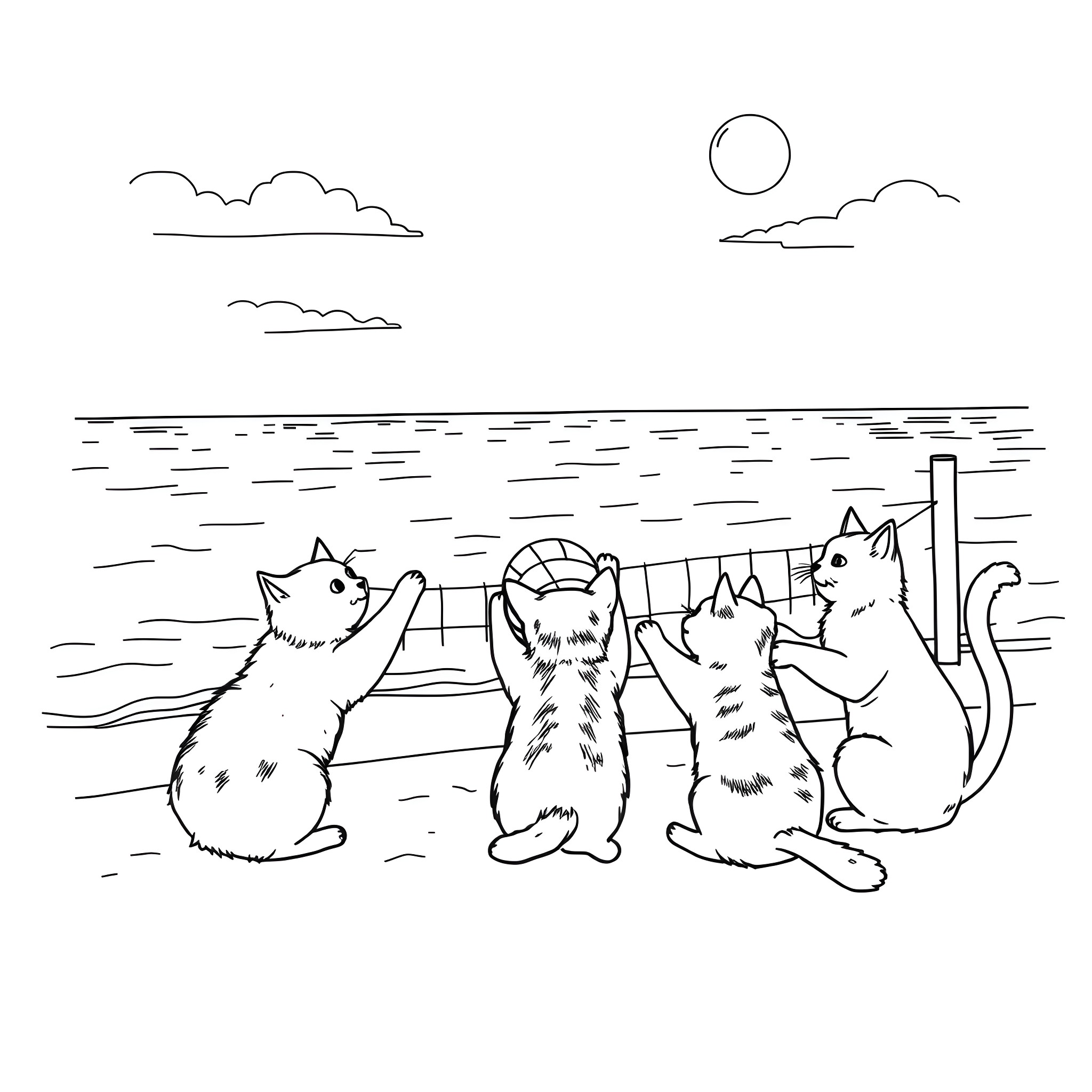 Cats enjoying the beach scenery Coloring Page (free black-and-white line drawing printable PDF for all, from beginners to advanced learners, including children, teens, adults, and seniors)
