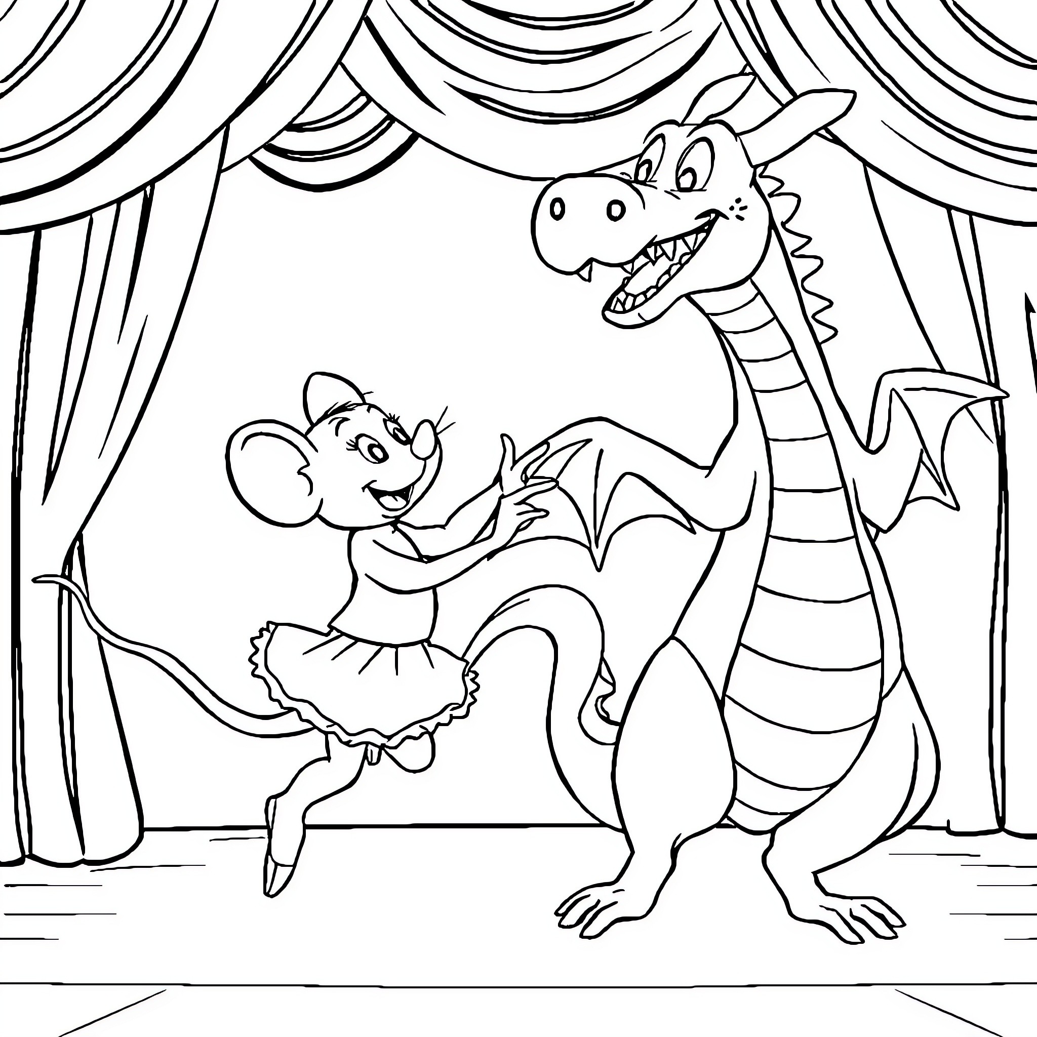 Speedy González performs with dragon on stage Coloring Page (free black-and-white line drawing printable PDF for all, from beginners to advanced learners, including children, teens, adults, and seniors)