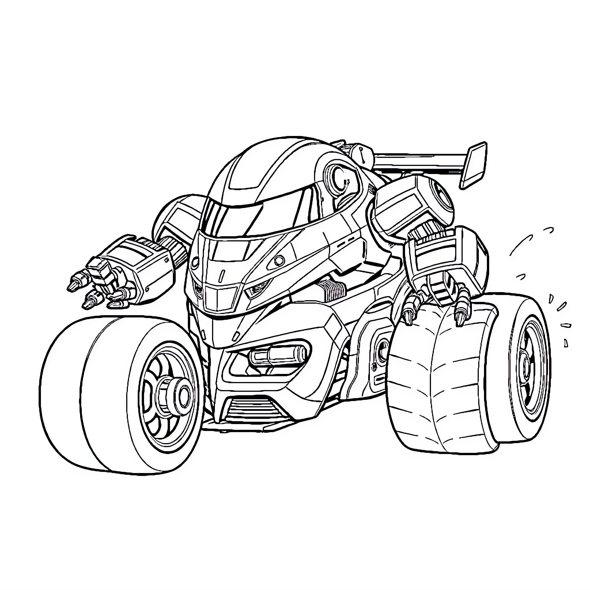 Racing Car with Futuristic Design Coloring Page (free black-and-white line drawing printable PDF for all, from beginners to advanced learners, including children, teens, adults, and seniors)